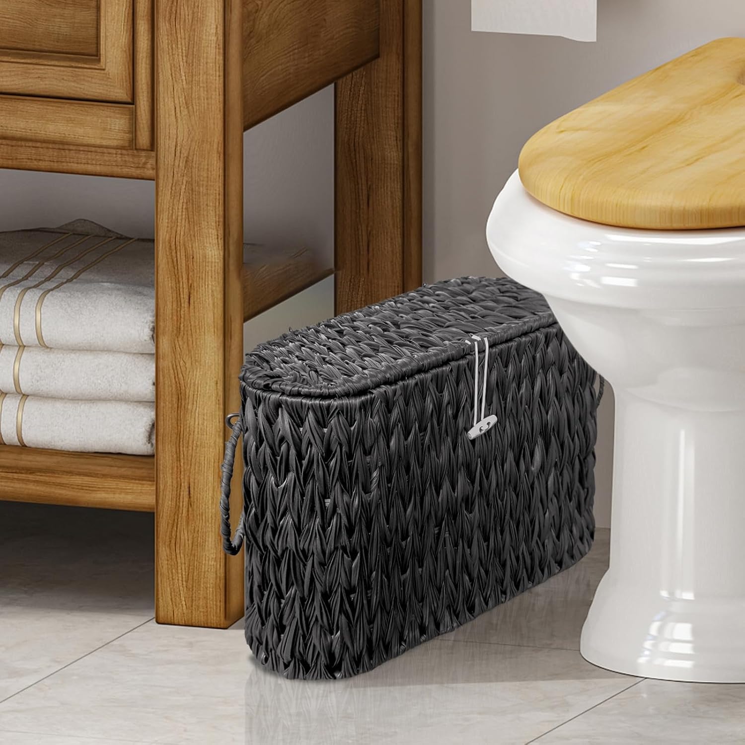 Black Toilet Paper Basket with Lid,Wicker Toilet Paper Storage Stand,Large Narrow Bathroom Towel Basket Mega Roll Container Bin for Toilet Tank,Floor