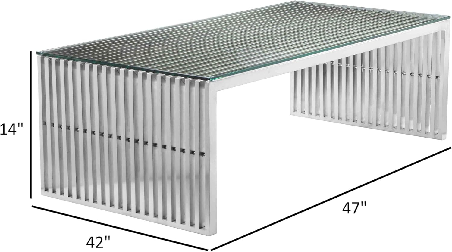 Benjara Meza 47 Inch Coffee Table, Glass Top, Waterfall Slatted Panel Frame, Silver