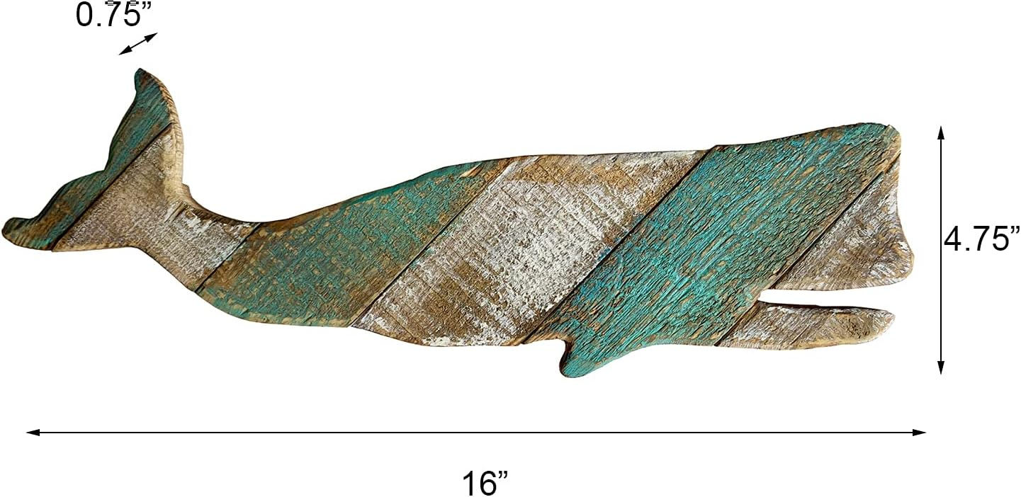 Rustic Wooden Nautical Hanging Handcarved Whale Wall Decor, Distressed Whale Wall Sculpture Indoor Outdoor Beach Themed Decoration 16''H