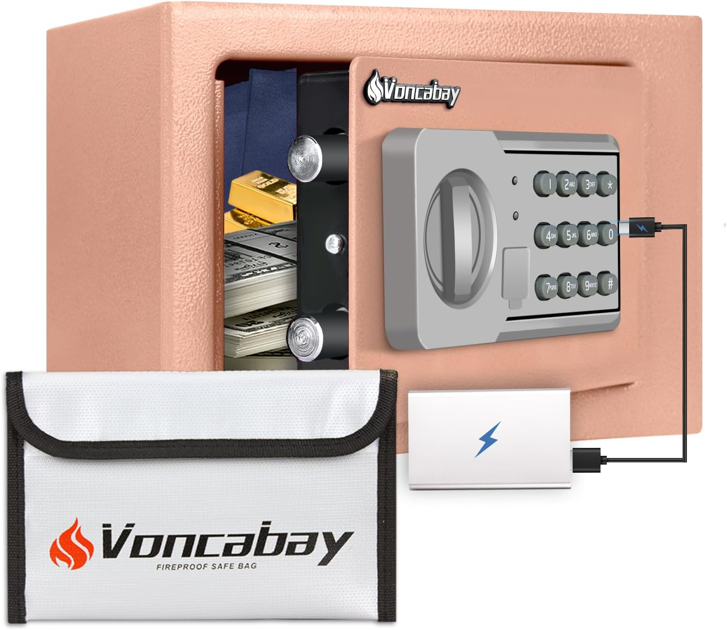 Voncabay Money Safe Box for Home with Sensor Light and Mute Function & Fireproof Security Safe Box with Emergency Power Outlet & with Digital Keypad-khaki