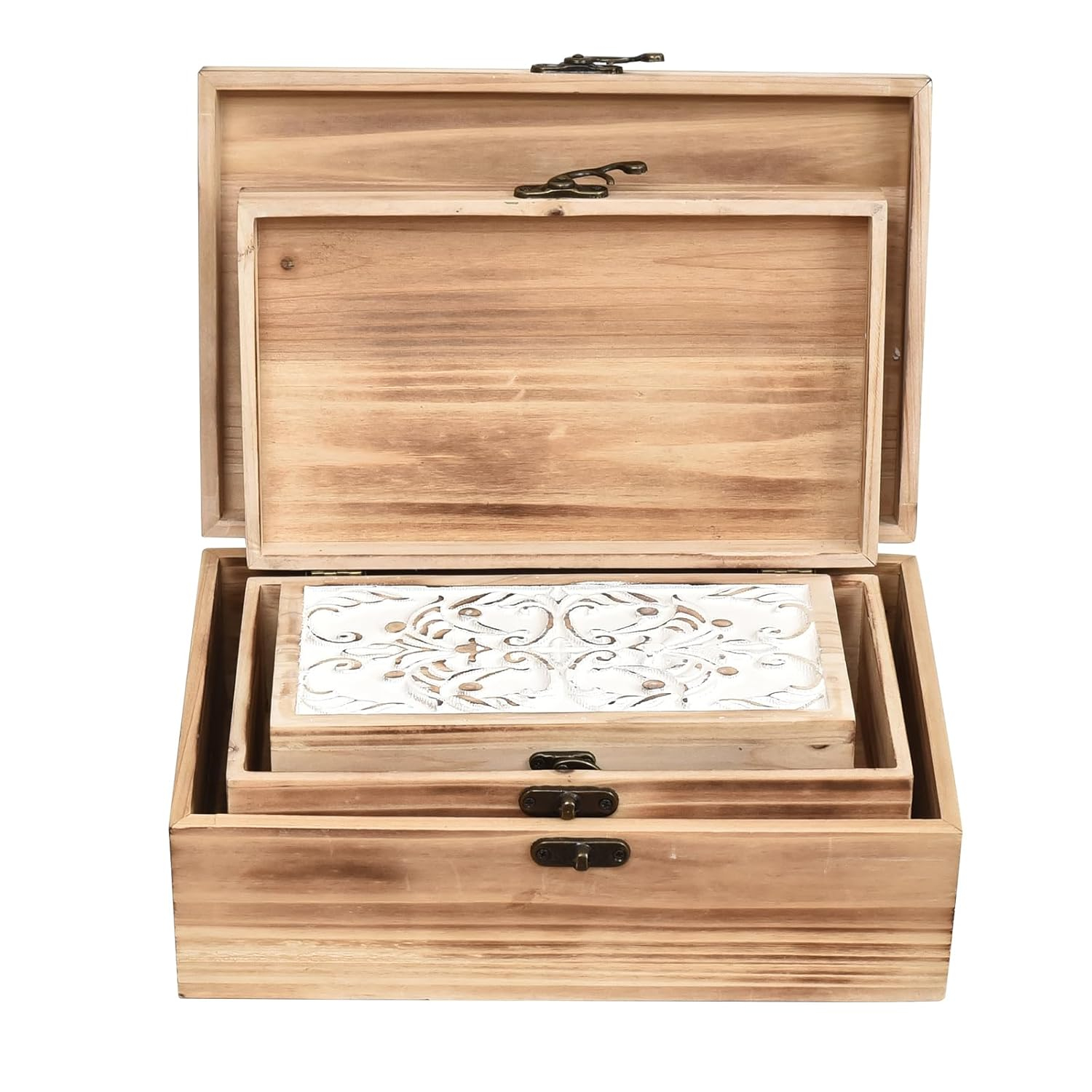 Wooden Box Set of 3 - Rustic Farmhouse Decorative Boxes with Hinged Lid and Carved Design