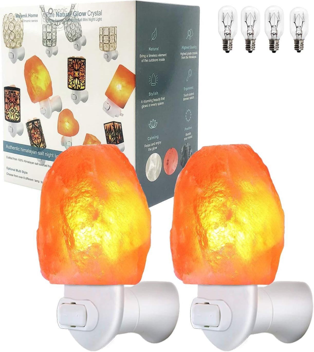 2 Pack Salt Night Light Lamp, Pink Natural Himalayan Salt Lamp, Mini Carved Salt Crystal Night Light Wall Light with Bulbs, Saftety Approved Wall Plug, Bedroom Decoration and Lighting