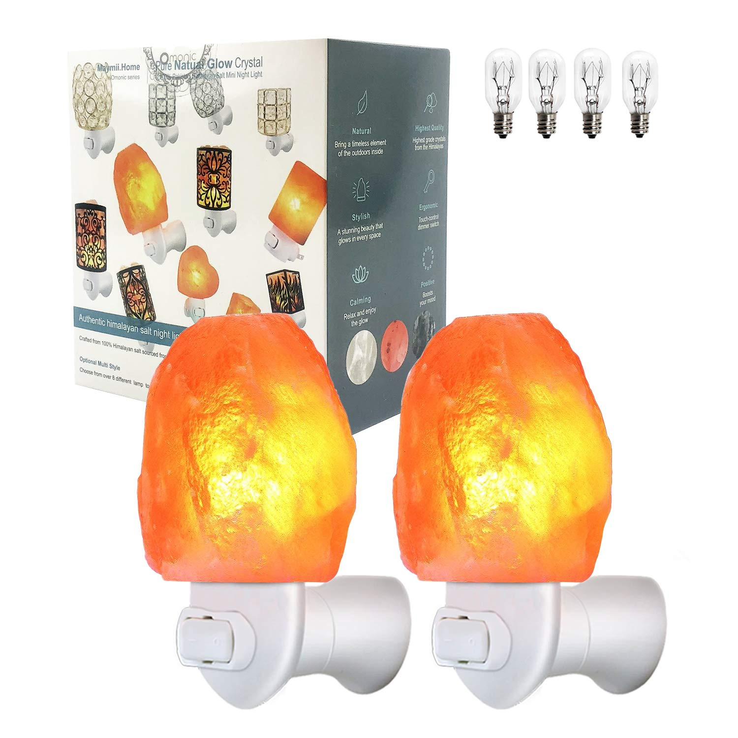 2 Pack Salt Night Light Lamp, Pink Natural Himalayan Salt Lamp, Mini Carved Salt Crystal Night Light Wall Light with Bulbs, Saftety Approved Wall Plug, Bedroom Decoration and Lighting