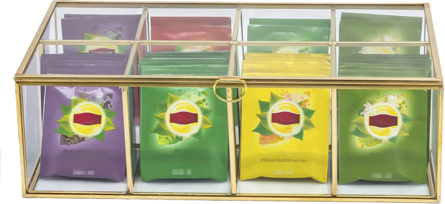 NCYP Glass Tea Bags Organizer, 12" x 7.1" x 3.7" Sugar Packets Storage Box - 8 Grids Compartments Jewelry Container, Indoor Counter Top Brass Display Case with Lid, Gold Decor (Glass Box Only)
