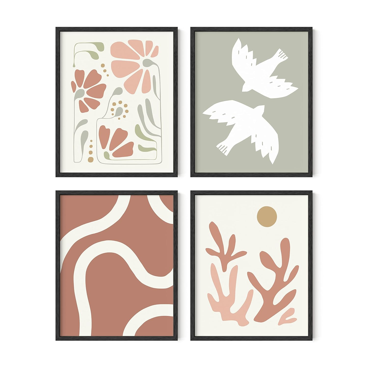 HAUS AND HUES Boho Posters - Set of 4 Nature Wall Prints, Neutral Art, Minimal Art Print, Modern Gallery Wall, Botanical Print, Coral and Green, Boho Posters For Room Aesthetic, (8x10, Unframed)
