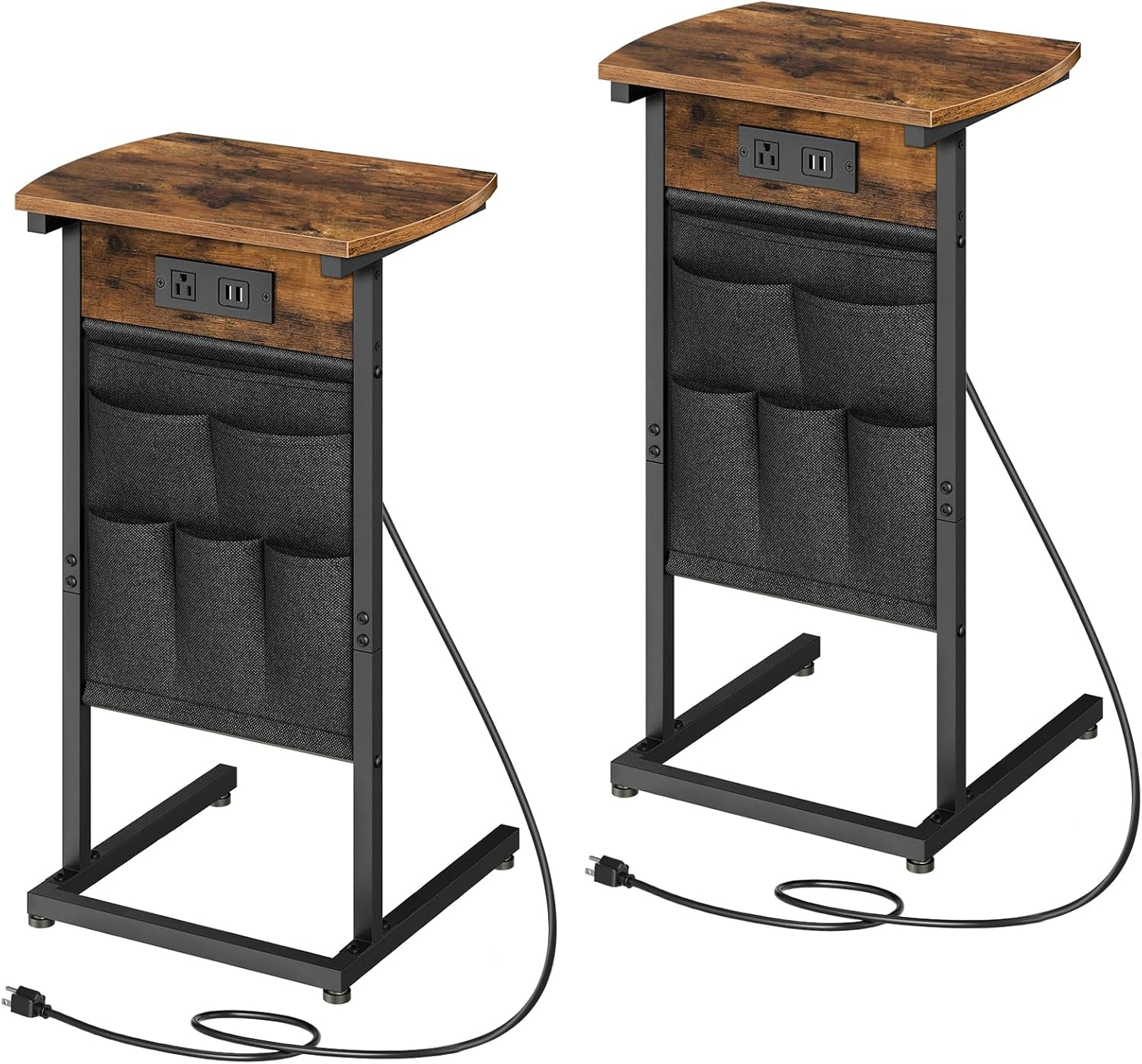 End Table Set of 2 with Charging Station and Storage Bag Side Table Living Room with USB Ports and Outlets Couch Tables That Slide Under, Small Snack Table for Small Spaces Brown