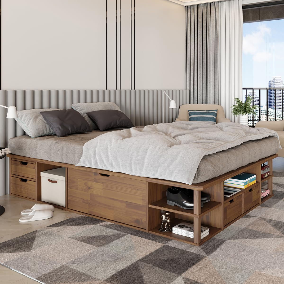 LETTO Capri Queen Size Wood Platform Storage Bed Frame with Drawers and Built-in Shelves, Storage Platform Bed Great for Couples Room Organization, Solid Wood Bed, Smooth Finish (Golden Brown)