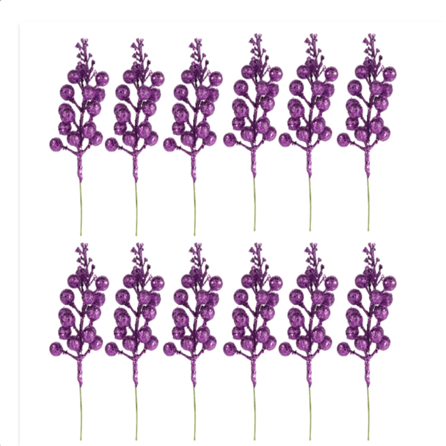 Glitter Berry Stems, 12pcs Christmas Berry Picks Artificial Fruit Berry Stem Branch Christmas Tree Garland Decorations for Holiday Party Purple