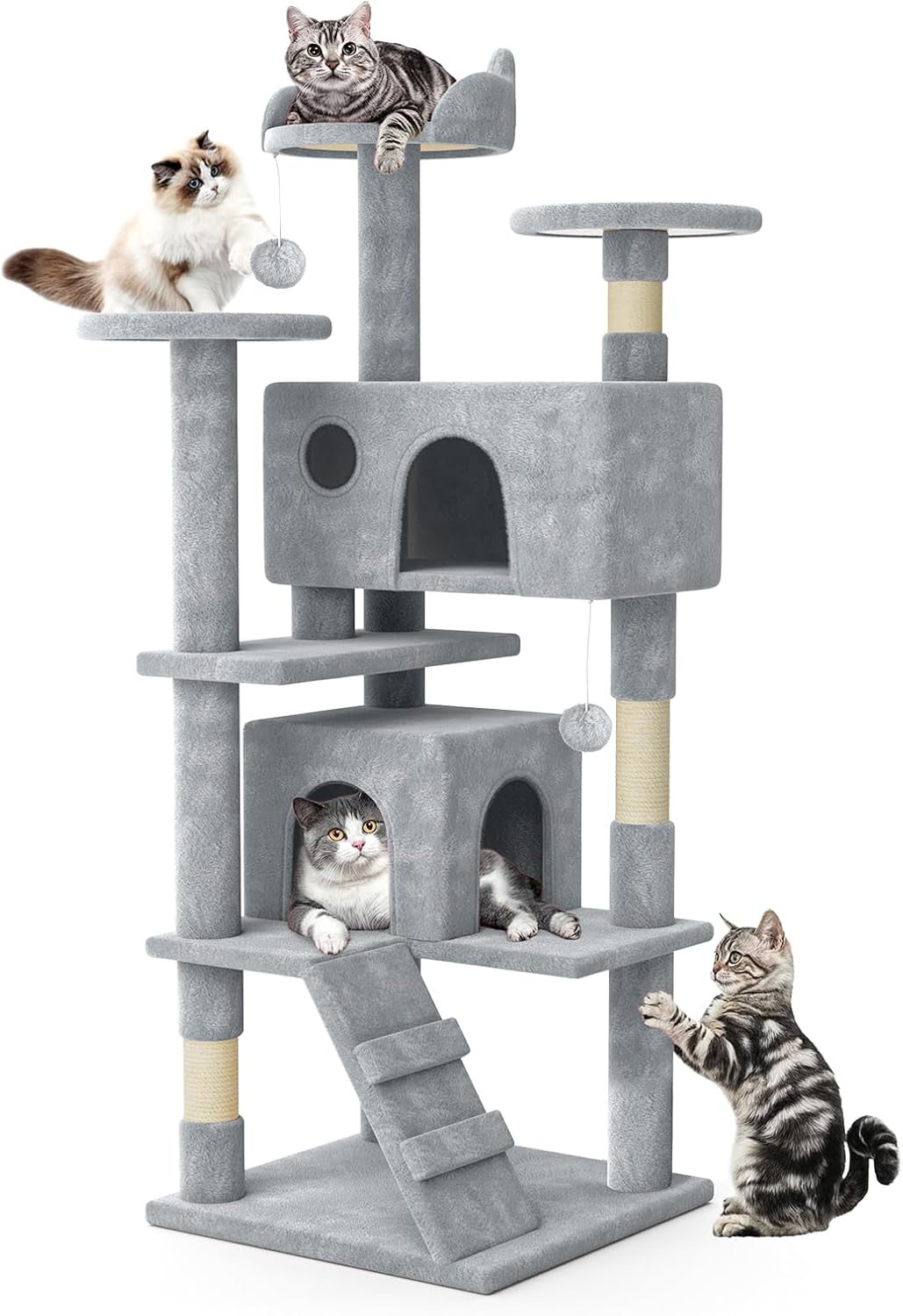 MoNiBloom 54.5" Multi-Level Cat Tree Condo Cat Tower with Scratching Posts & Plush Perch, Light Gray