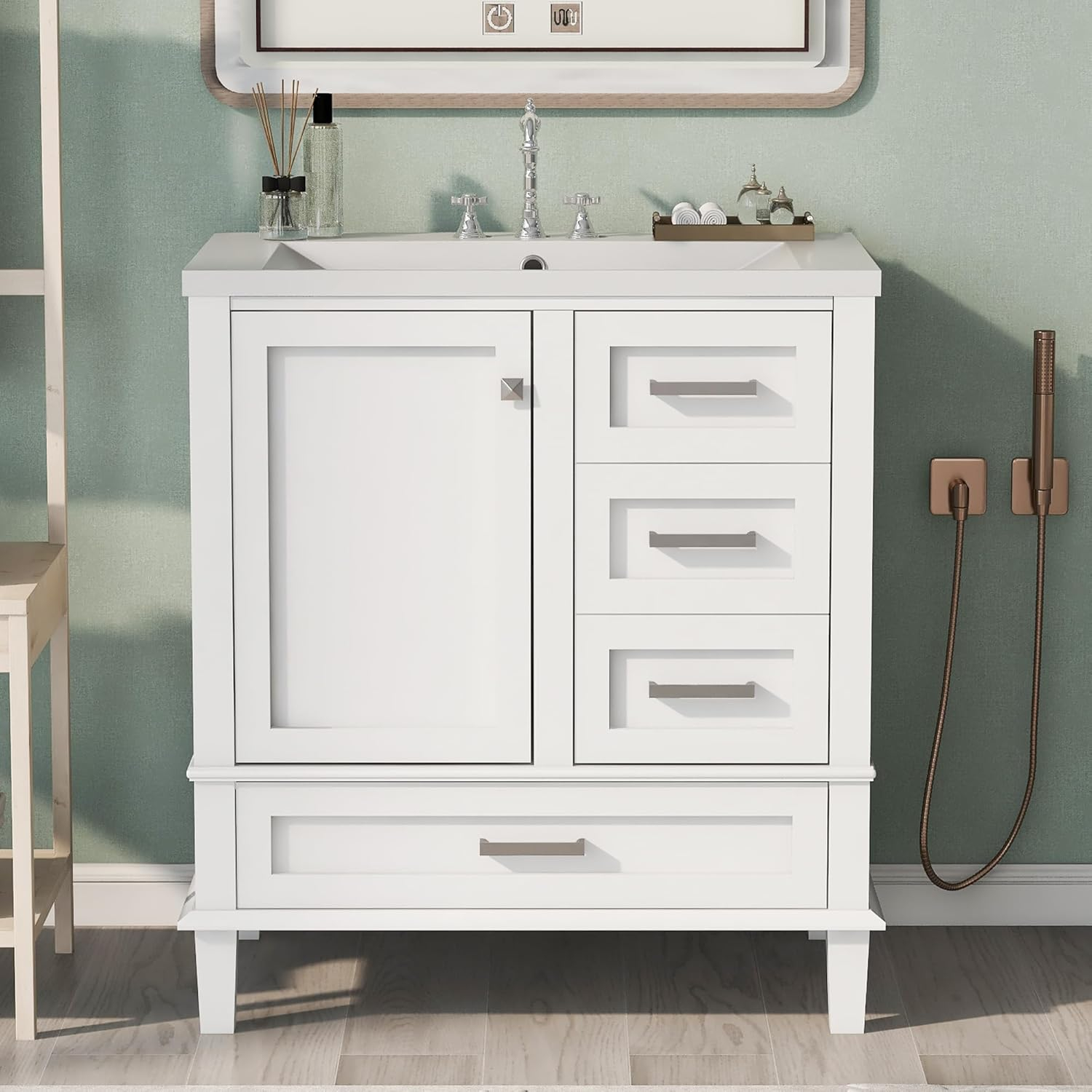 Merax 30 in Bathroom Vanity with Sink,3 Drawers and 4 Doors,Wood Single Sink Bathroom Vanity,Modern White Bathroom Vanities Sink Cabinet Floor Standing with Sink Combo Set
