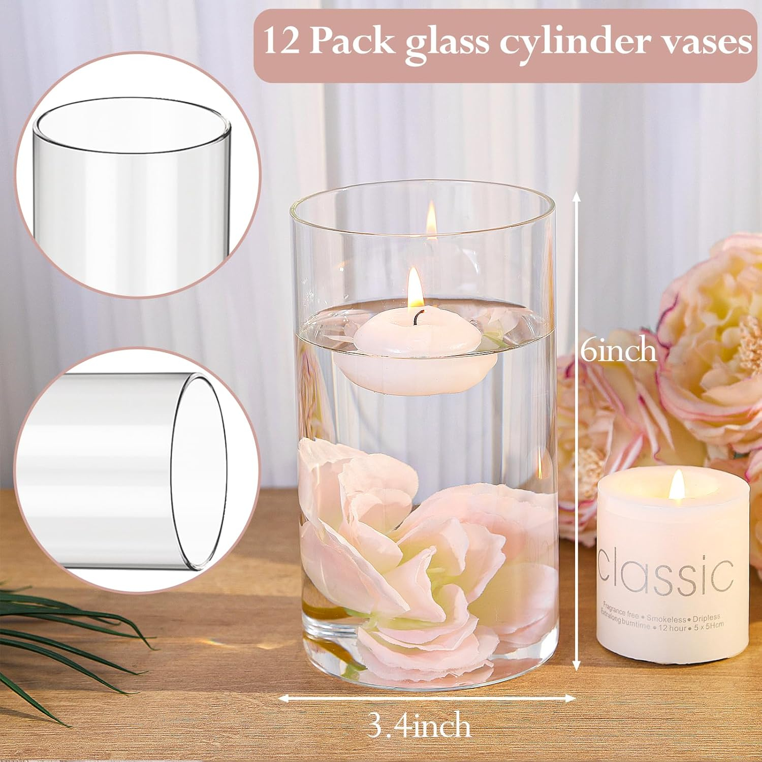 12pcs Glass Cylinder Vases for Centerpieces, 6 Inch Clear Flower Vases for Wedding Decorations and Indoor Home Decor, Hurricane Candle Holder for Table Shelf, Party