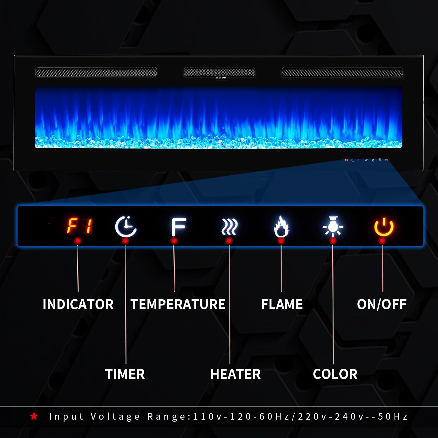 oneinmil Electric Fireplace, 50 inch Wide Recessed/Wall Mounted Electric Fireplace, Remote Control with Timer 12 Adjustable Color Flame, Remote Control,with Crystal Stone, 750/1500W