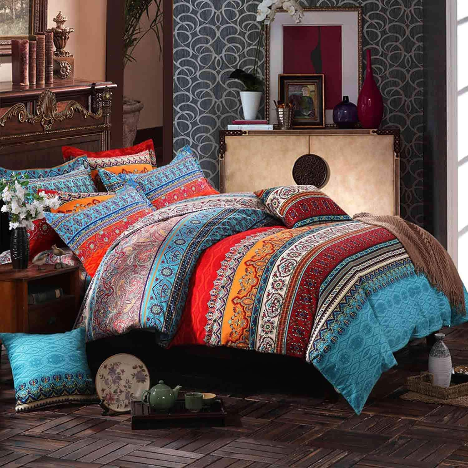Bohemian King Duvet Cover Set - Microfiber Bedding, 3 Pieces Retro Boho for All Seasons, 1 Cover and 2 Pillowcases With Zipper Closure, Easy Care