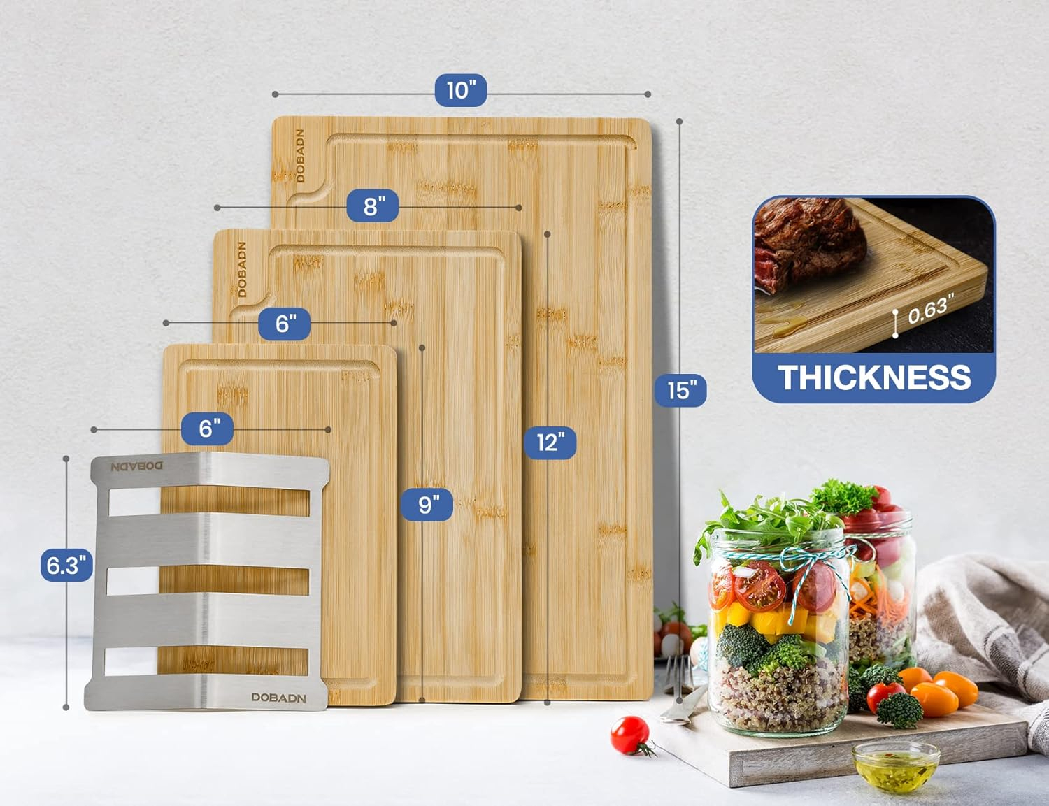 Bamboo Cutting Board Set for Kitchen,Set of 3 Chopping Boards with Juice Groove, Natural Wood Cutting Boards with Stainless Steel Holder, Cutting Board Set for Butcher Block, Cheese, Vegetables