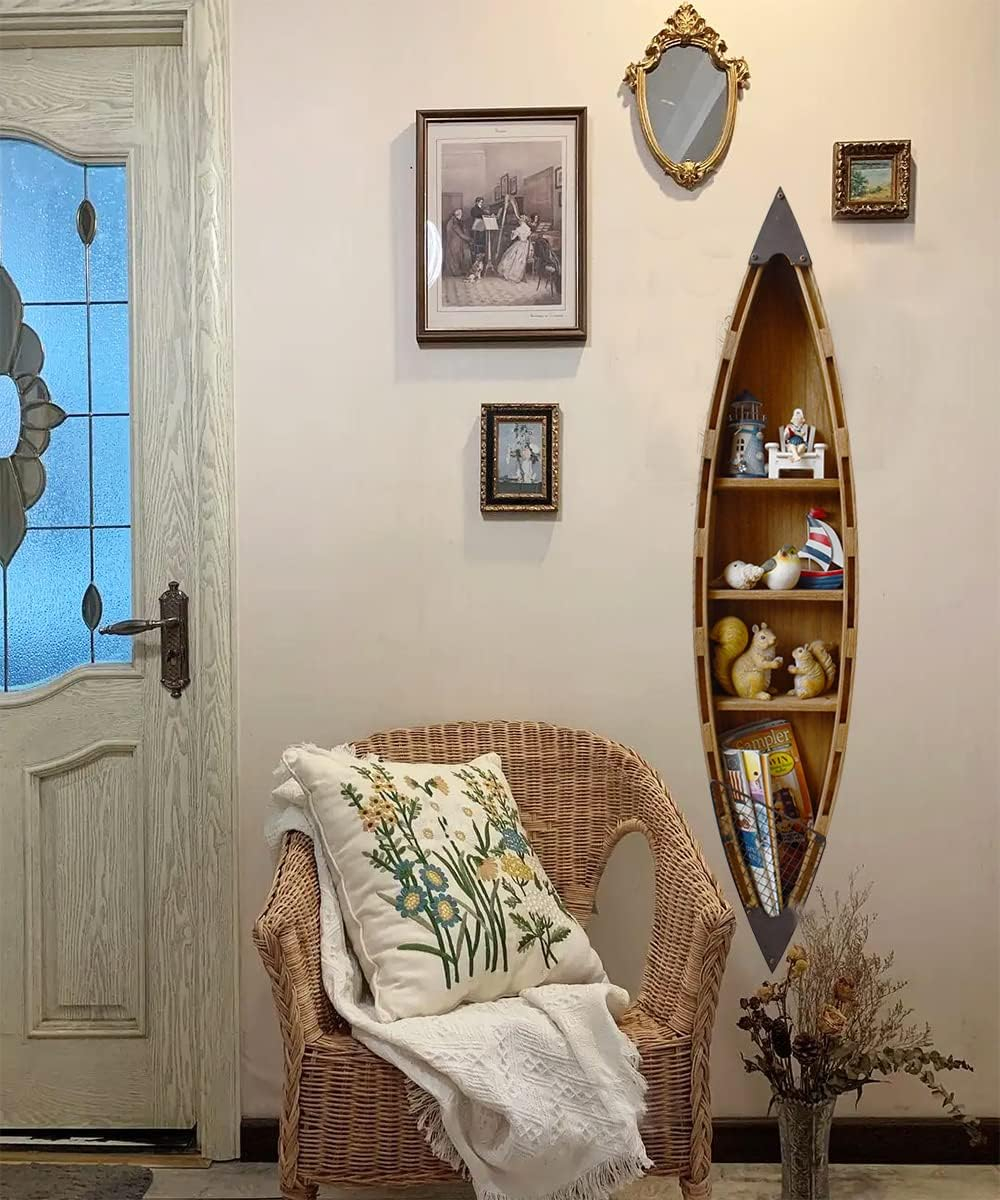 Attraction Design Wooden Boat Decor Hanging Wood Boat Decoration for Wall,Rustic Nautical Boat Decor Beach Theme Home Decoration Boat Sculpture Home Decor for Bathroom Bedroom Lake House Decoration