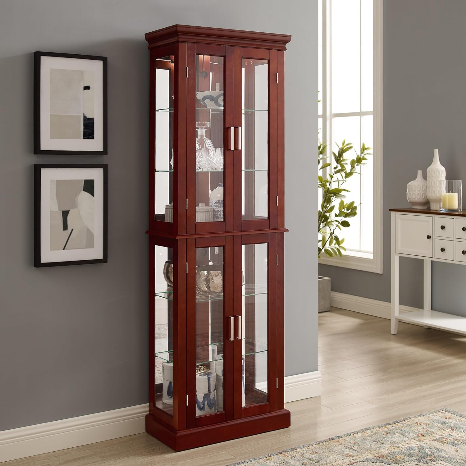 Curio Cabinet with Adjustable Shelves, Mirrored Back, Tempered Glass Doors, 6 Tier, Cherry