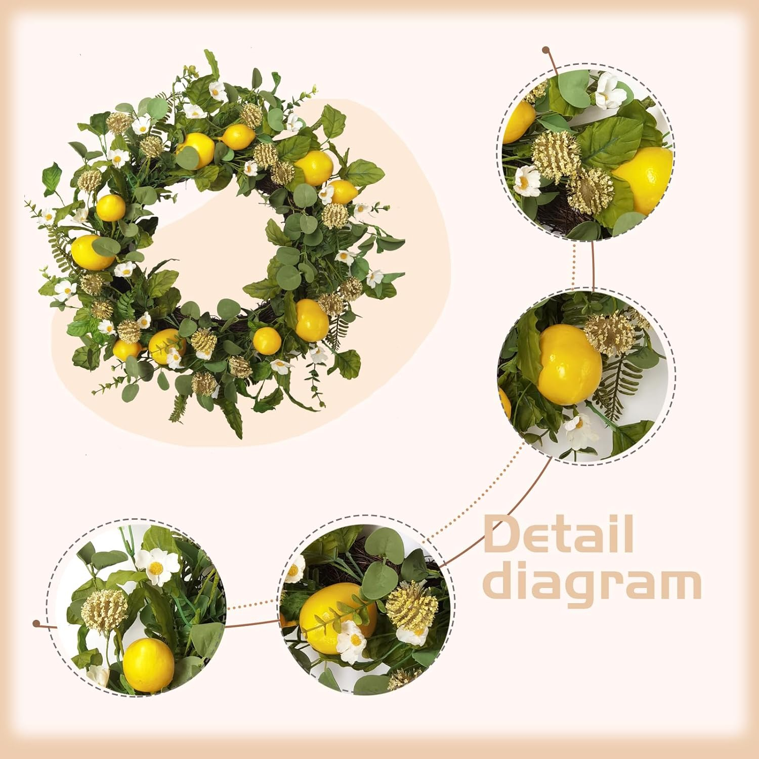 Idyllic 22 Inch Summer Yellow Lemon Wreath with Green Leaves for Front Door, Spring Summer Lemon Eucalyptus Wreath for Inside and Outside, Wedding Wild Flowers Decor