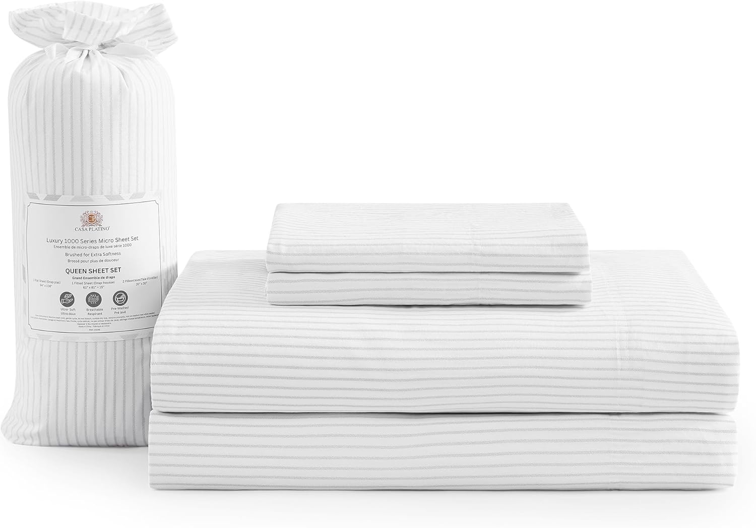 Casa Platino Standard Pillow Cases Set of 2 – Pre-Washed Soft & Breathable Pillowcases - Brushed Microfiber Pillow Covers - Easy Care - Standard Size Pillow Cases - 20x30 Inches, Ticking Stripe Silver