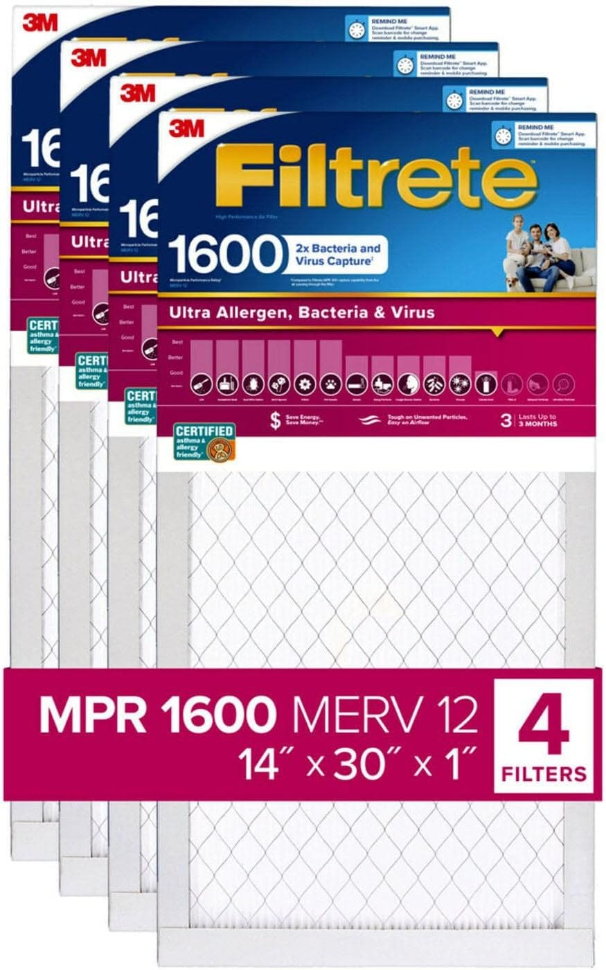 Filtrete Ultra Allergen 2X Bacteria & Virus Filter (1600 MPR), 30x14x1 (4 Pack)