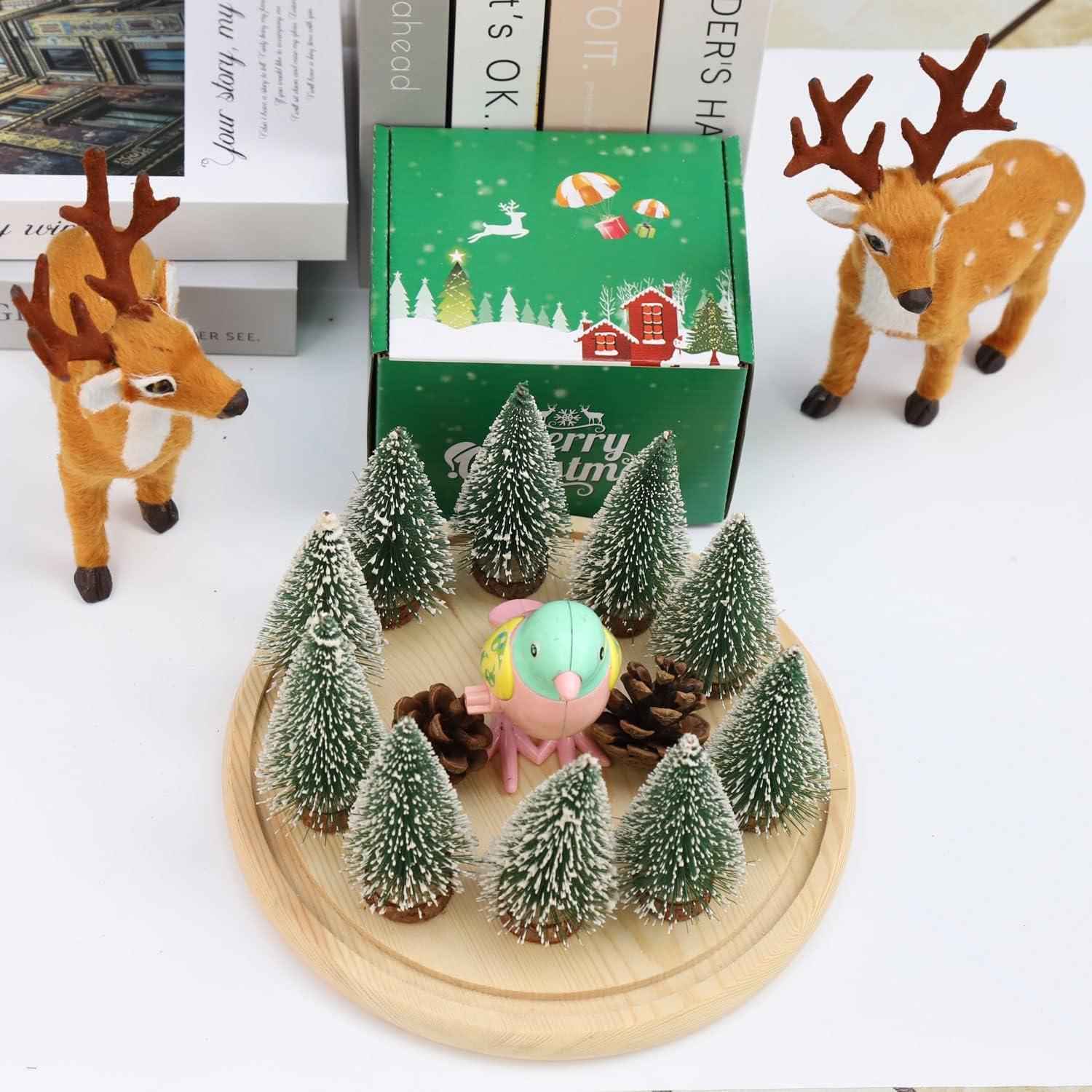 10pcs 4inch Mini Christmas Tree Bottle Brush Trees Chrismas Village Trees Ornaments Mini Plastic Christmas Trees with Wooden Base for Christmas Decoration Miniature Chrismas Tree