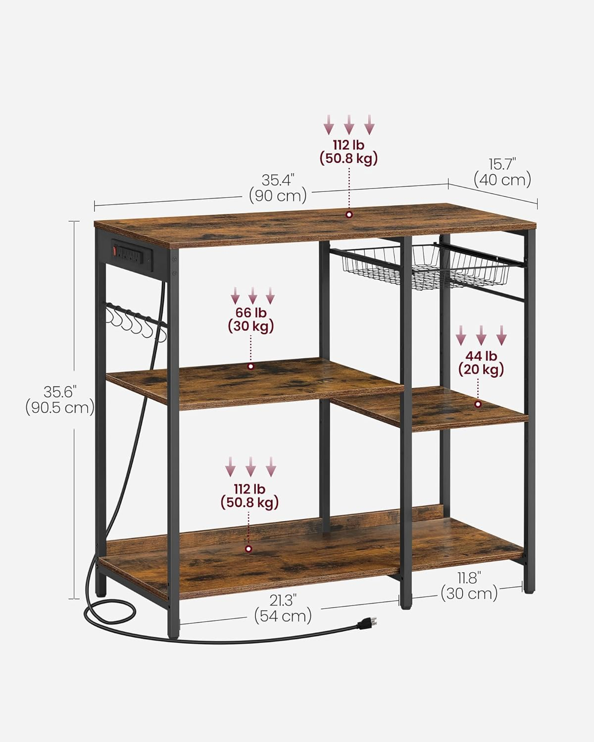 Rustic Brown Adjustable Kitchen Baker's Rack with Power Outlet