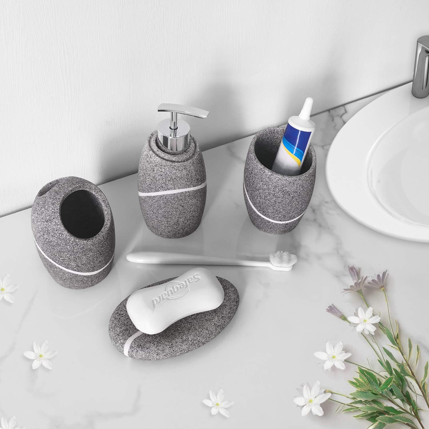 Bathroom Accessory Set,4 Pieces Bathroom Decor Accessories Complete Set Vanity Countertop Accessory Set,Includes Bathroom Soap Dispenser Set,Toothbrush Holder Set,Tumbler,Soap Dish,Grey Granite