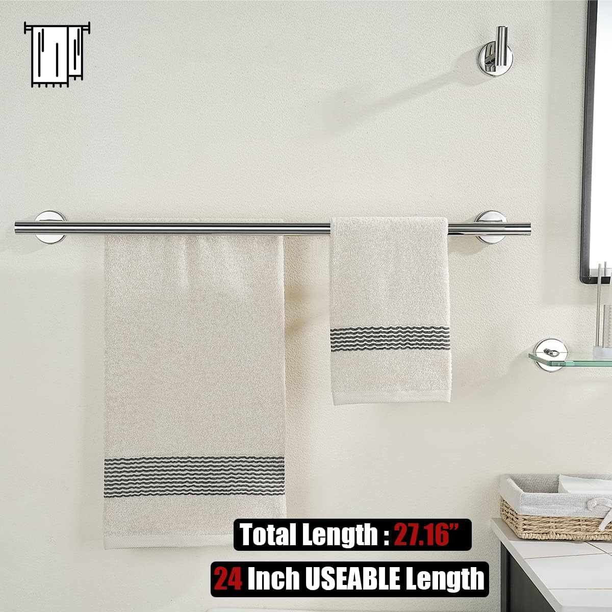 JQK Chrome Towel Bar, 24 Inch 304 Stainless Steel Thicken 0.8mm Double Bath Towel Rack for Bathroom, Towel Holder Polished Chrome Wall Mount, Total Length 27.16 Inch, TB100L24-CH