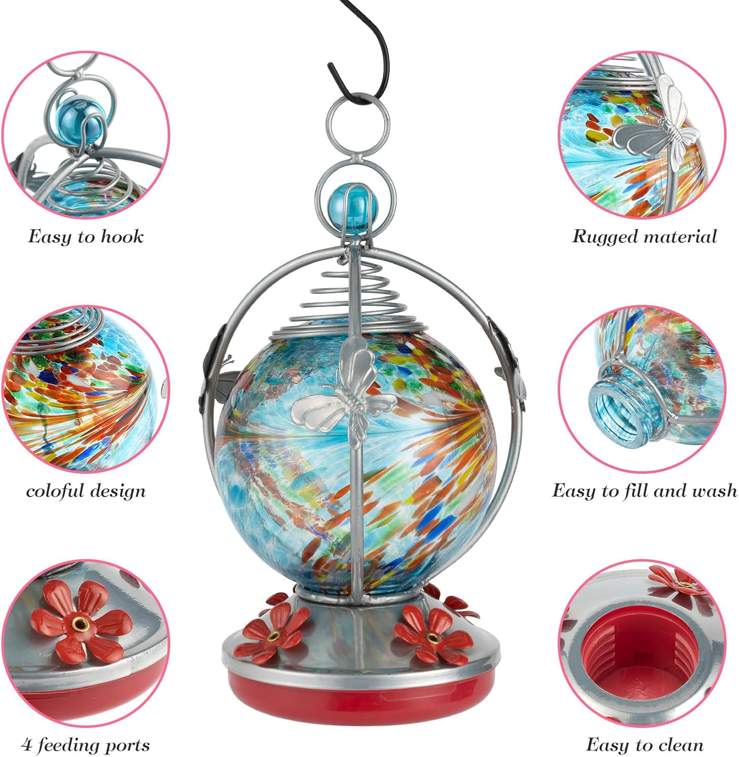 Glass Hummingbird Feeder - Blue