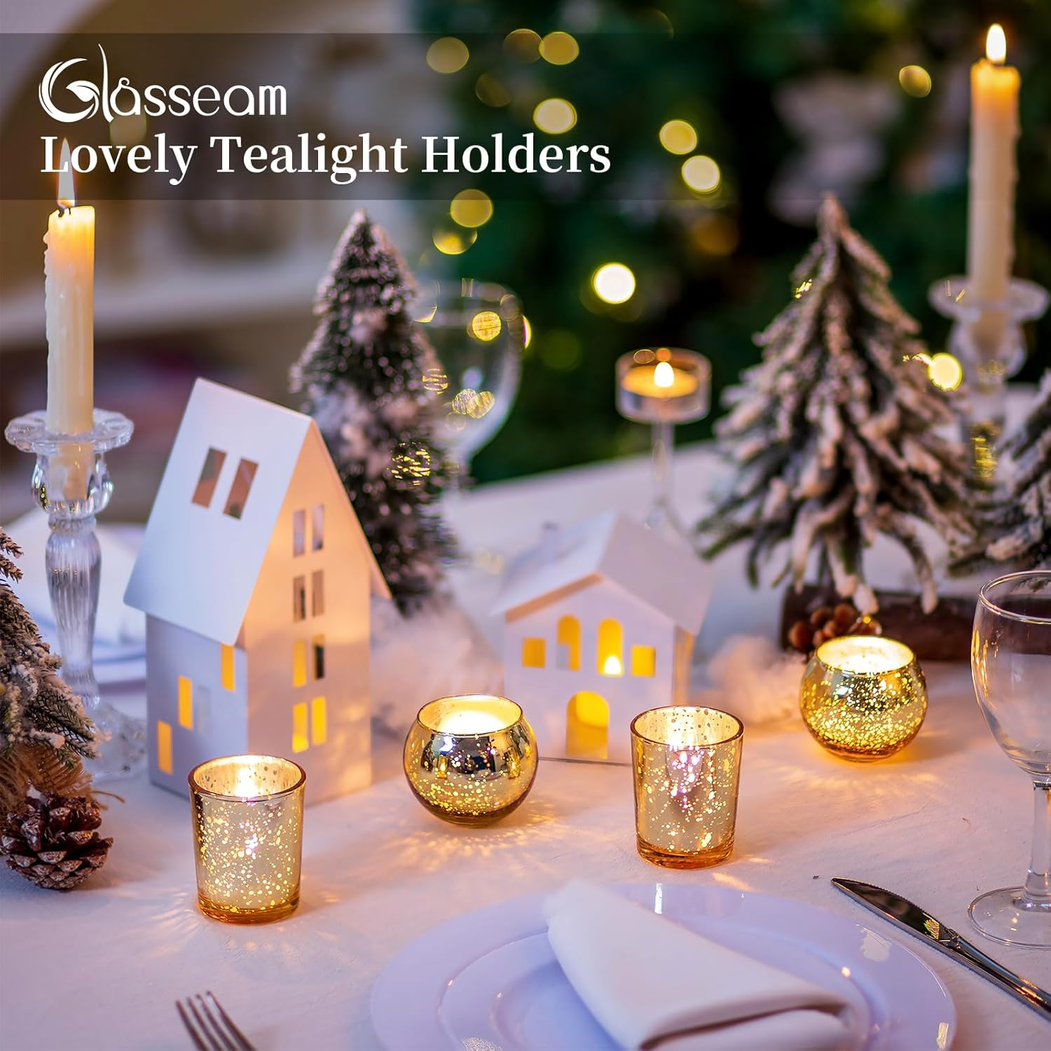 Glasseam Gold Votive Candle Holders, Tea Light Candle Holder Bulk 24, Small Mercury Glass Candle Holder for Mini Floating Candles, Glitter Tealight Candle Holders for Dining Table Christmas Decor