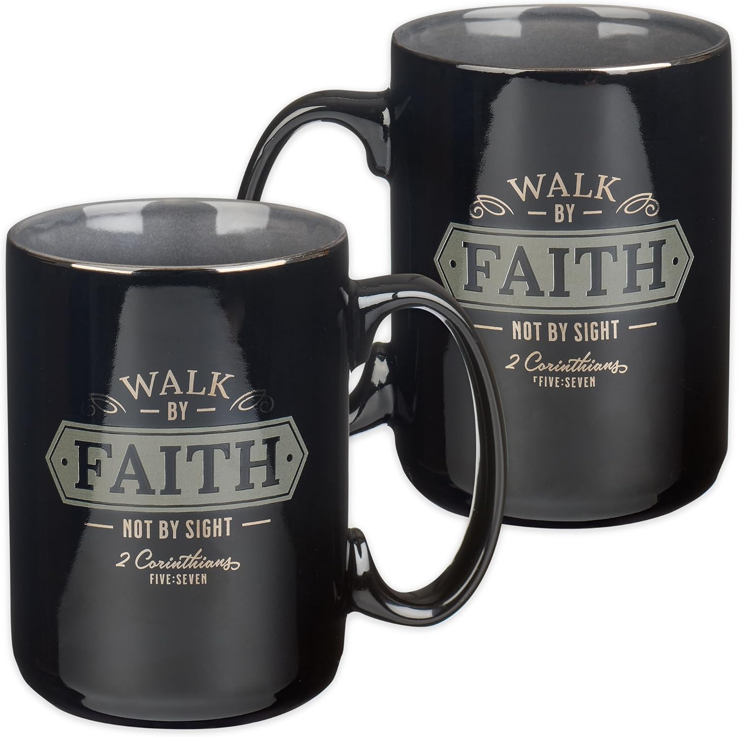 Christian Art Gifts Large Ceramic Bible Verse Coffee & Tea Mug for Men: Walk by Faith - 2 Corinthians 5:7 Inspirational Scripture, Non-toxic & Lead-free Novelty Drinkware, Black/Gray w/Silver, 14 oz.