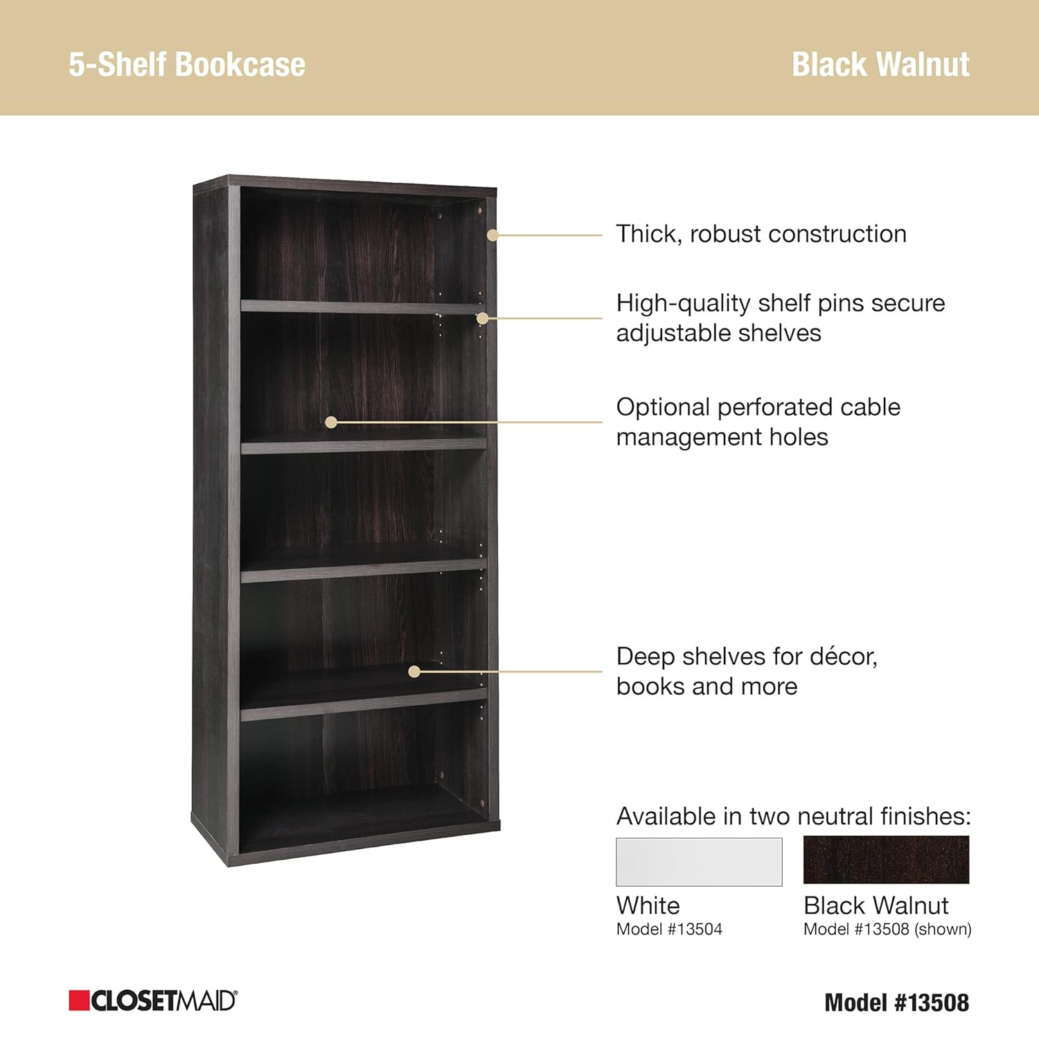 Adjustable Black Walnut 5-Tier Laminated Bookshelf
