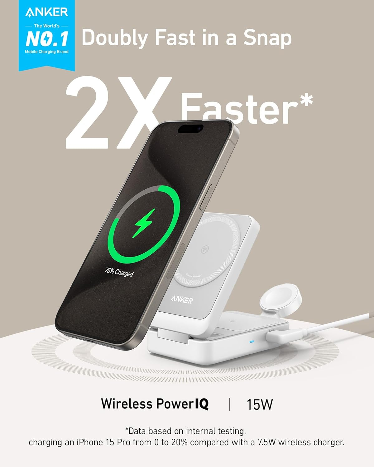 Anker MagGo 3-in-1 Qi2 Certified 15W MagSafe-Compatible Wireless Charger Stand, White