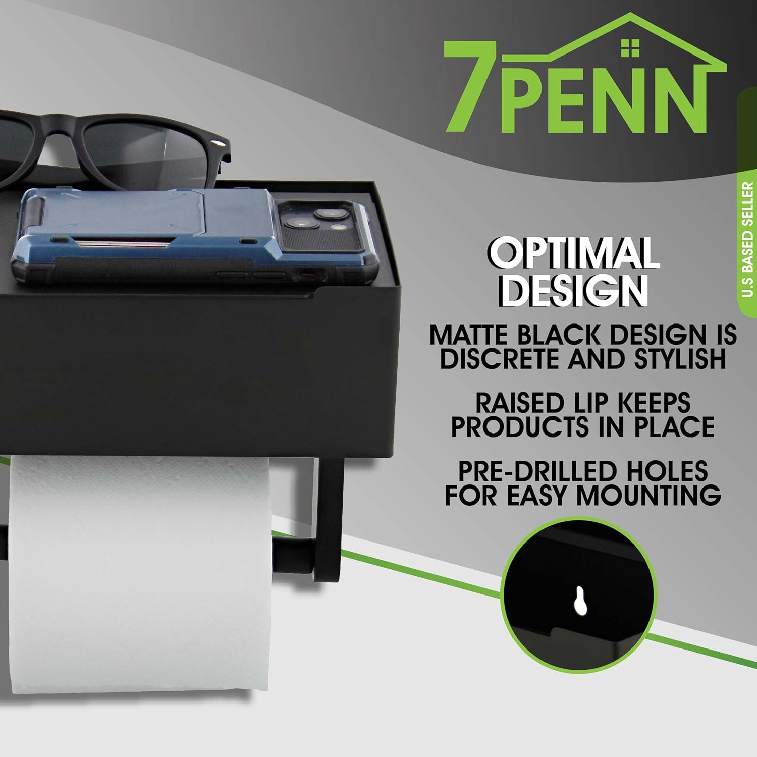 7Penn Bathroom Organizer - Matte Black Toilet Paper Holder with Shelf and Flushable Wipes Dispenser Storage Compartment