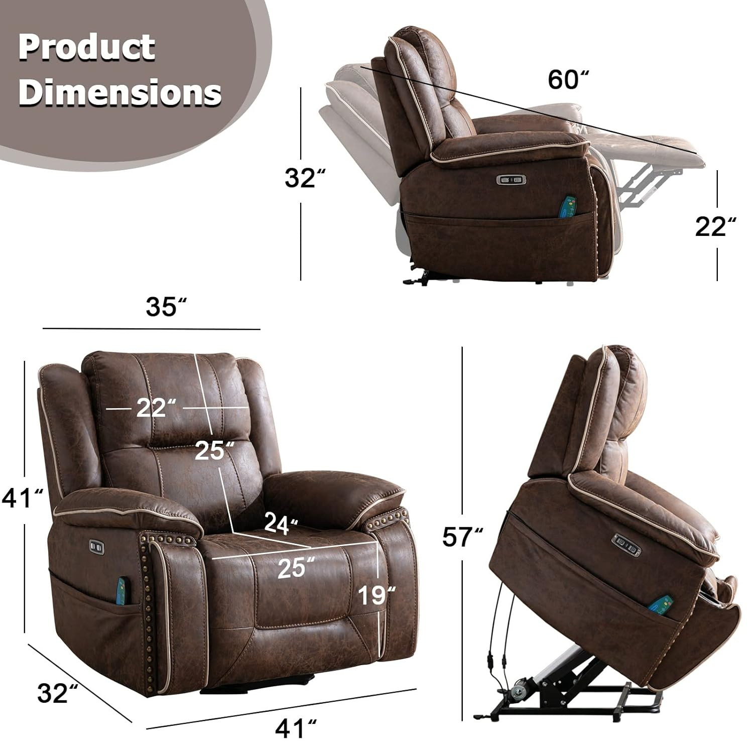 CANMOV Power Recliner Chair Electric Home Theater Seating Soft Leather Movie Chair for Living Room Overstuffed Single Reclining Sofa with Hidden Arm Storage, Cup Holders and USB Ports