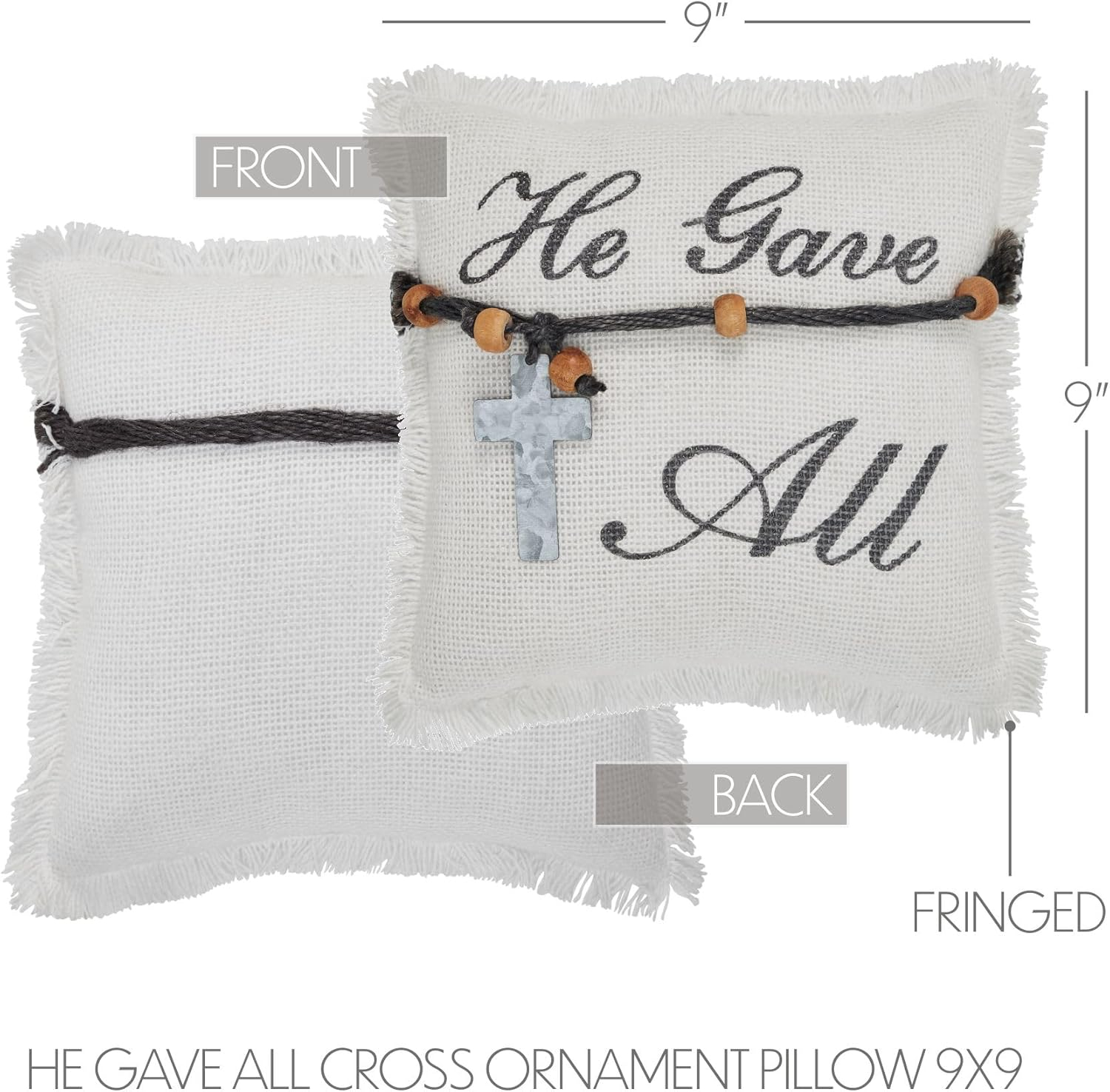 Antique White Cotton Burlap Square Pillow with Galvanized Cross