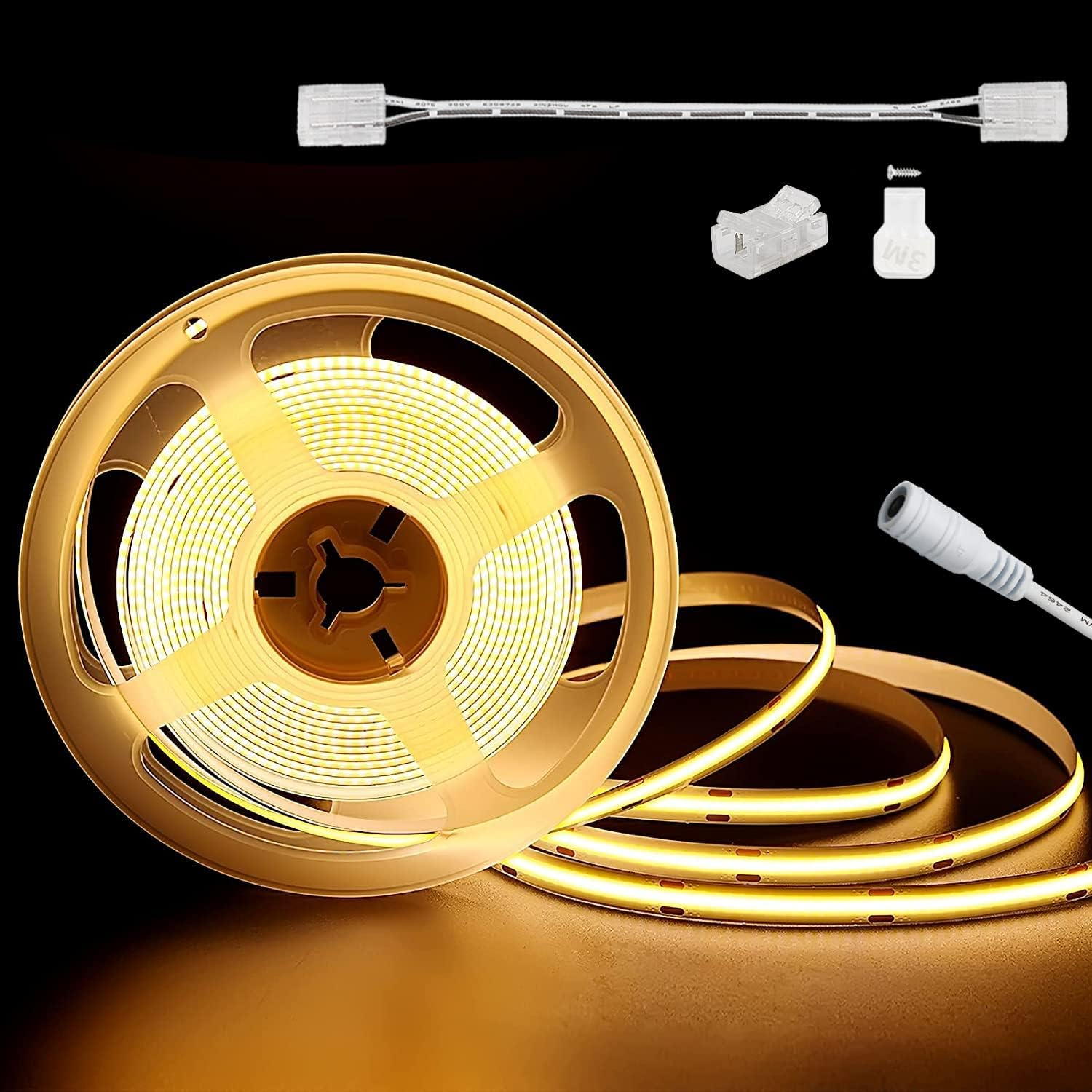MIWISE COB LED Strip 20ft/6.1m,CRI 90+ Warm White 3000K High Lumen Super Bright Flexible DC24V LED Tape Light,for Cabinet Home Office DIY Lighting Projects(Adapter & Controller NOT Included)