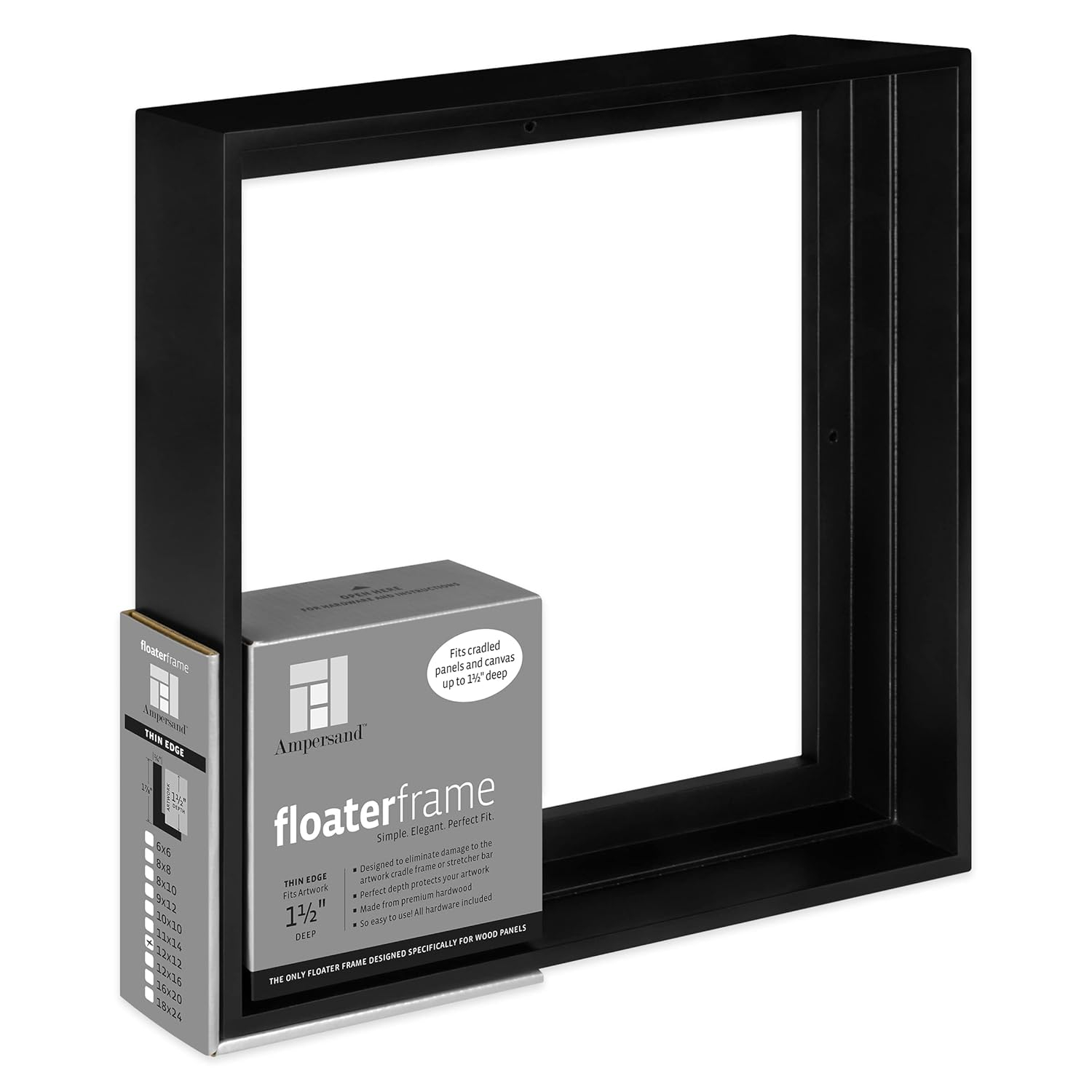 Ampersand Art Floaterframes Thin Edge (1/4" Face) 1-7/8" Frame Profile for 1-1/2" Deep Artwork 12" x 12" Black
