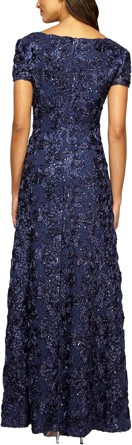 Navy Floral Lace Sequin Maxi Evening Dress with Short Sleeves