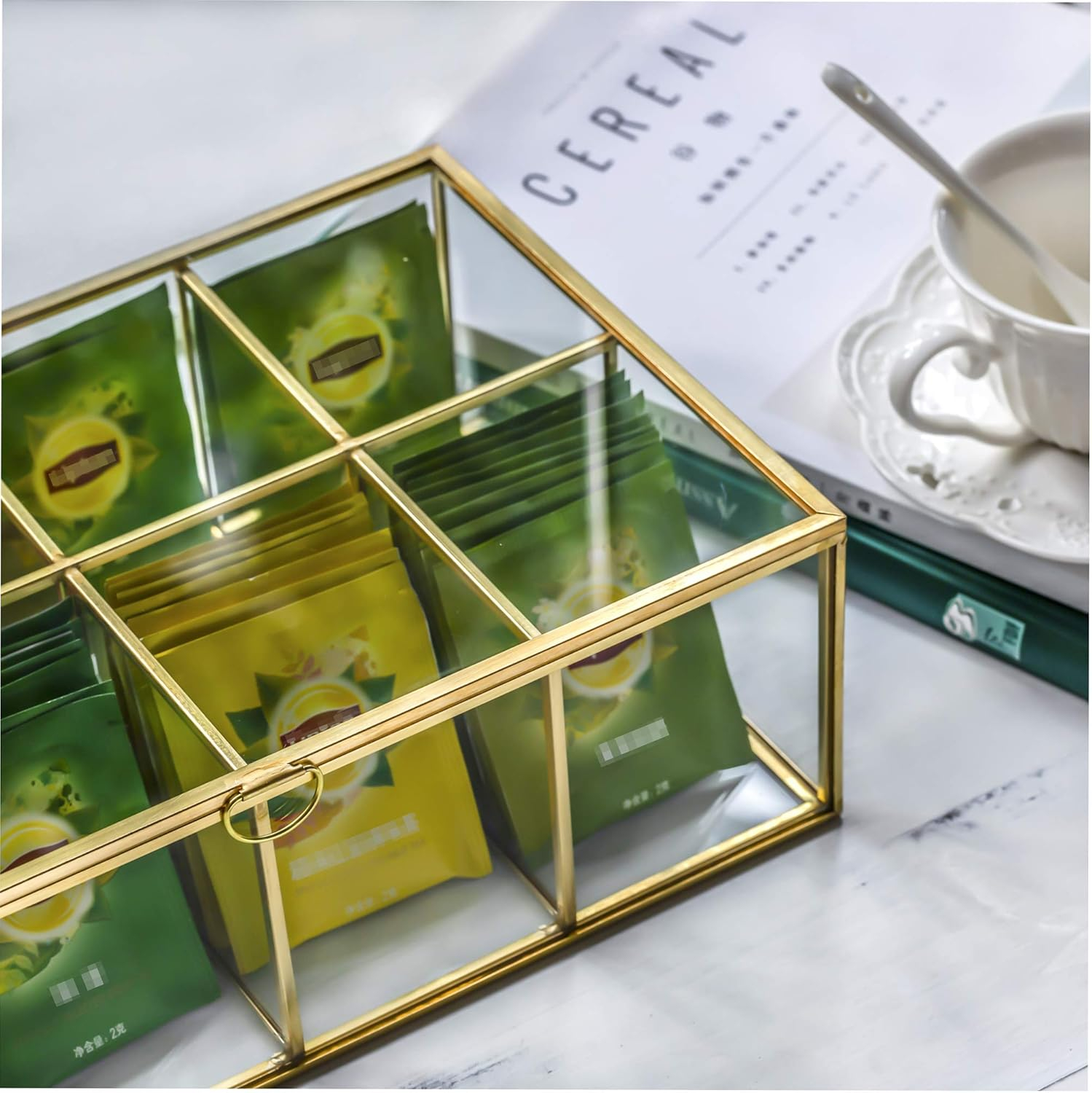 NCYP Glass Tea Bags Organizer, 12" x 7.1" x 3.7" Sugar Packets Storage Box - 8 Grids Compartments Jewelry Container, Indoor Counter Top Brass Display Case with Lid, Gold Decor (Glass Box Only)