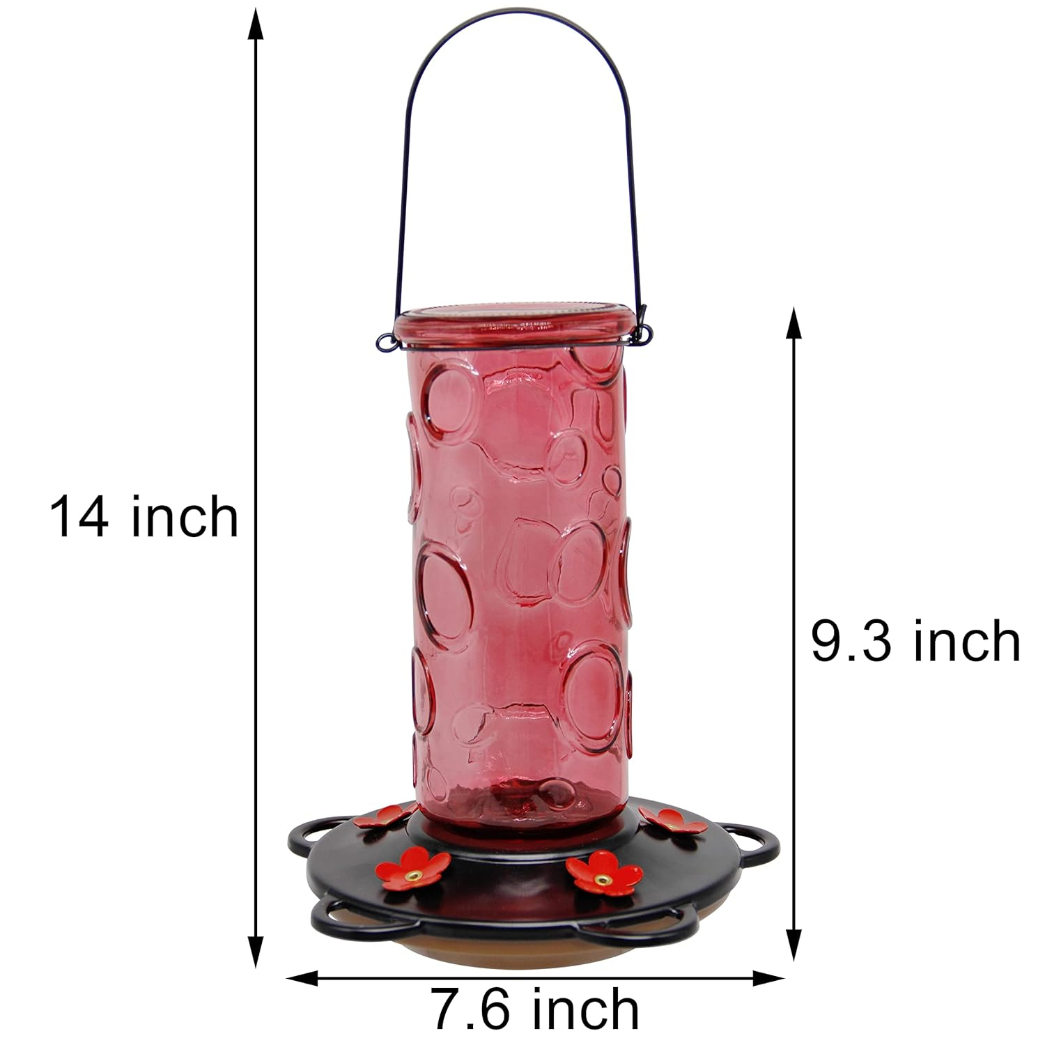 Juegoal 28 oz Glass Hummingbird Feeders for Outdoors, Wild Bird Feeder with 5 Feeding Ports, Metal Handle Hanging for Outdoor Garden Tree Yard, Red