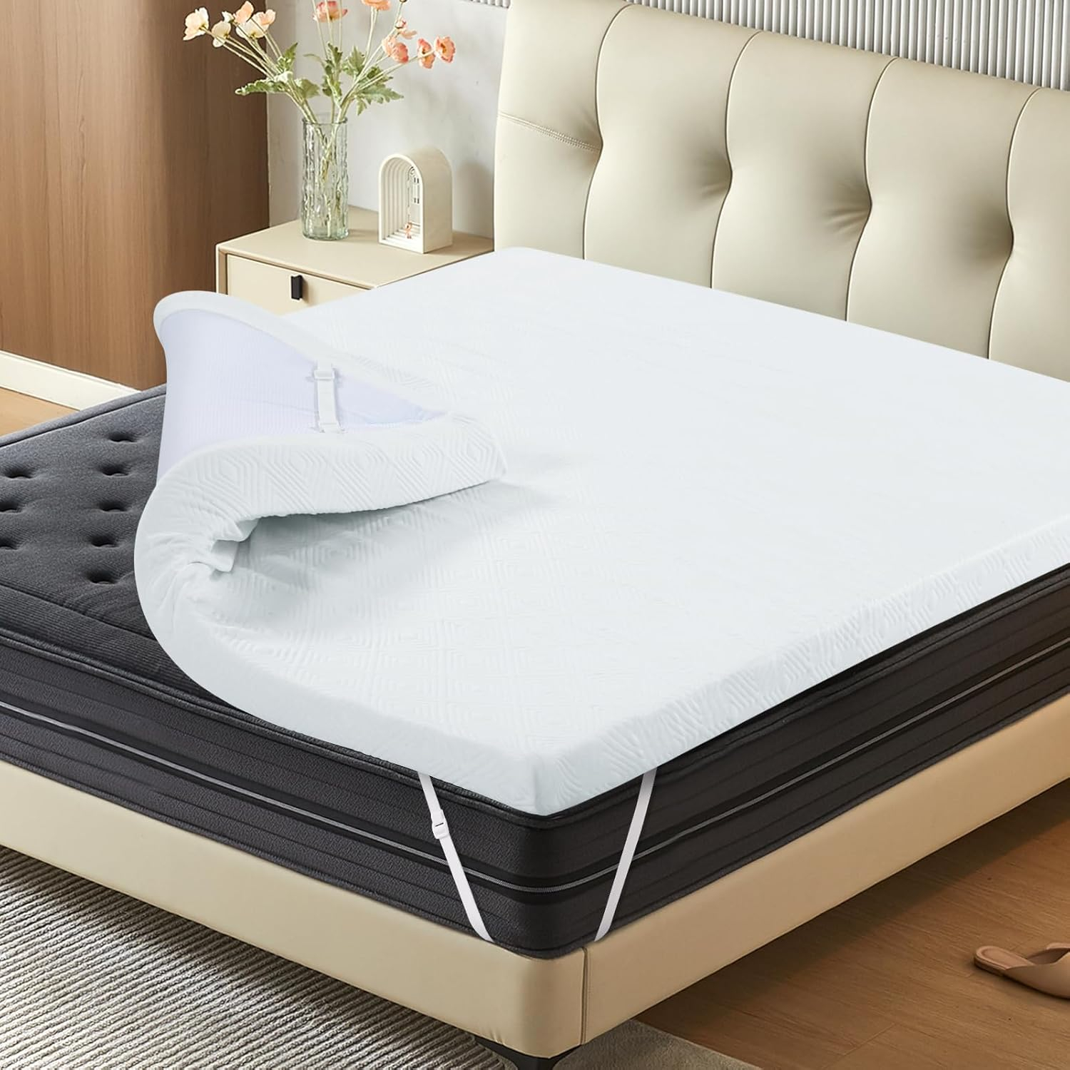 3 Inch Queen Memory Foam Mattress Topper, Bamboo Fiber Washable Cover, Gel Mattress Topper Pressure Relief Bed Topper, Adjustable Corner Straps, CertiPUR-US Certified