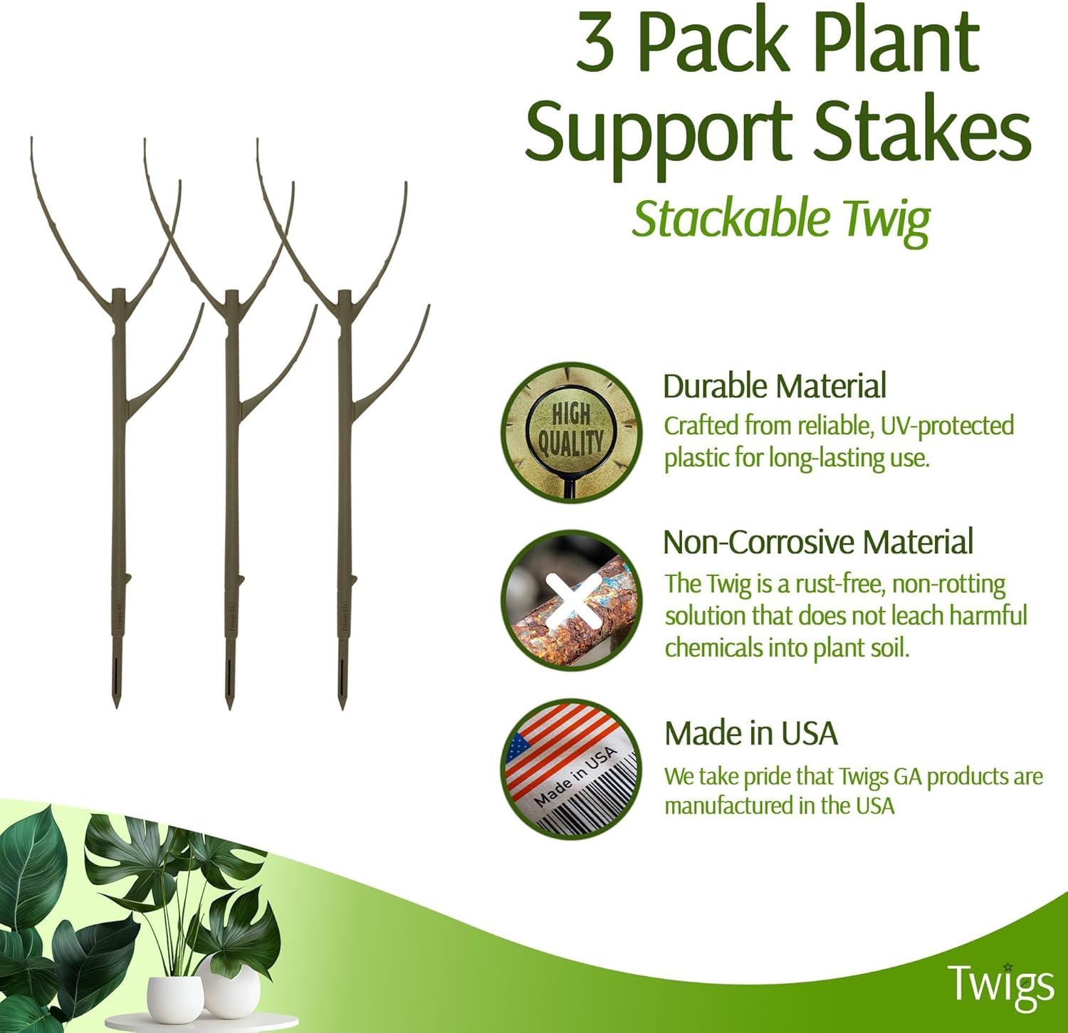 Stackable Plant Support Stakes, Stem Holder Structures for Indoor & Outdoor Use, Garden Accessories for Climbing & Potted Plants, Trellis Alternative - Moonstone, 3 Pack, 17" L