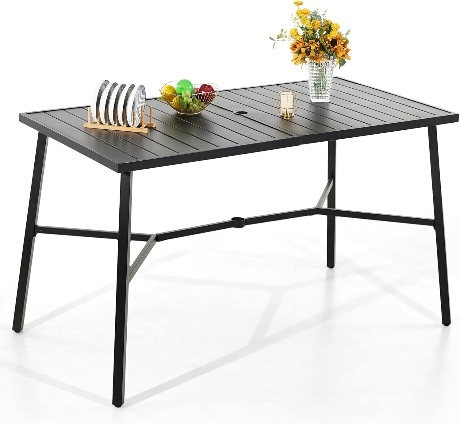 Black Steel Rectangular Outdoor Patio Bar Dining Table with Umbrella Hole