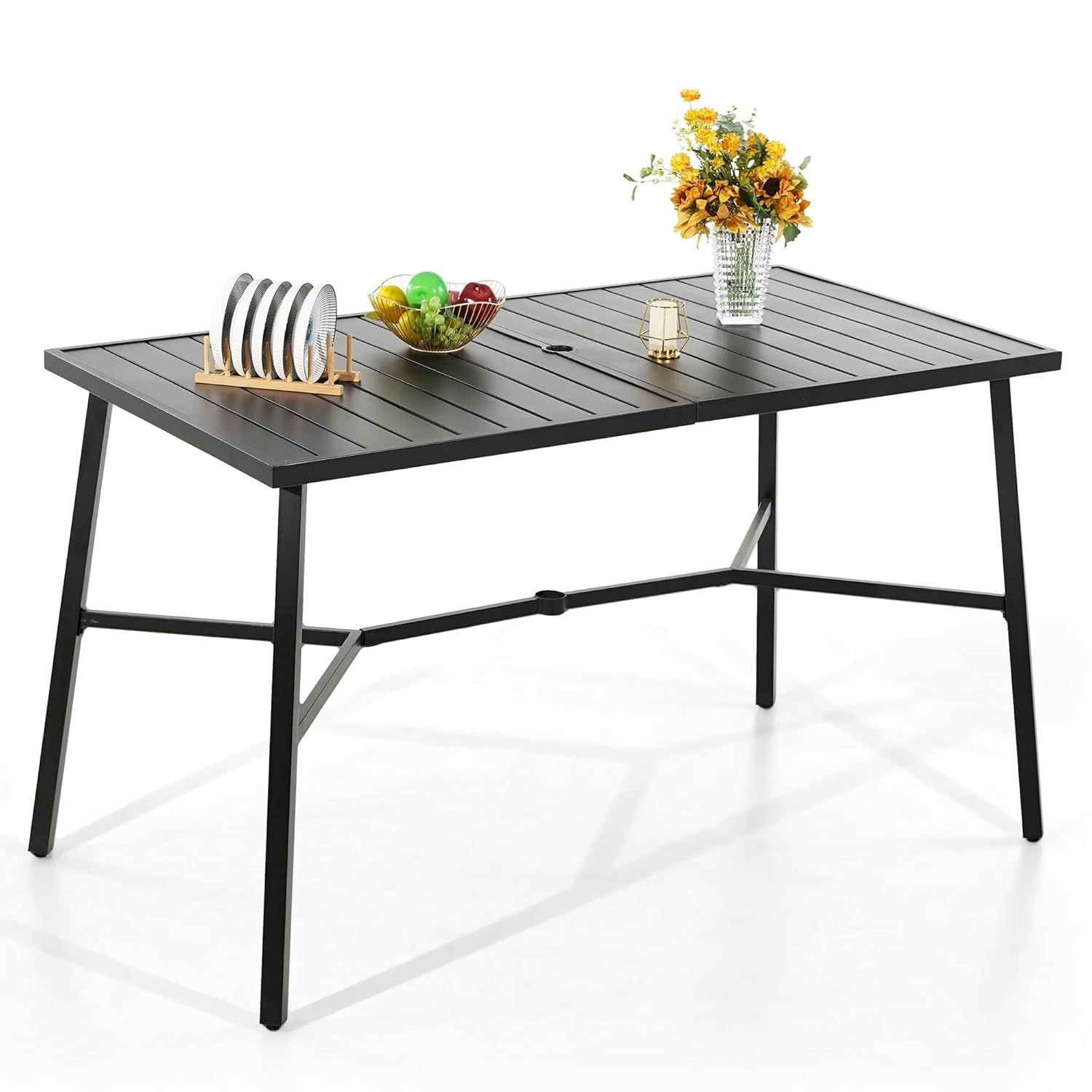Black Steel Rectangular Outdoor Patio Bar Dining Table with Umbrella Hole