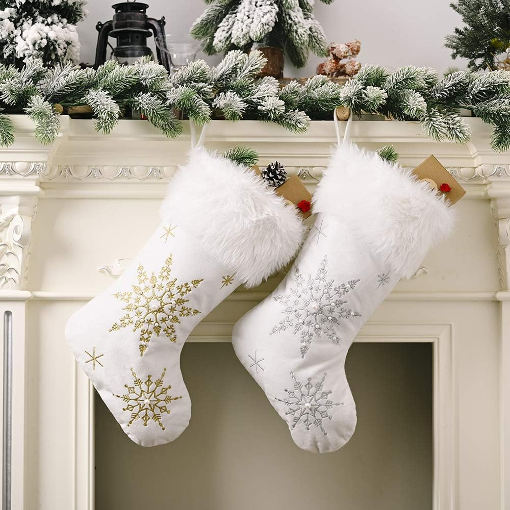 White Christmas Stockings 1 Pack, Family Stockings Christmas 19.7” Large Christmas Stockings with Plush Faux Fur Cuff (Silver/Gold Snowflake Embroidery) Giant Xmas Stockings Hanging Stockings