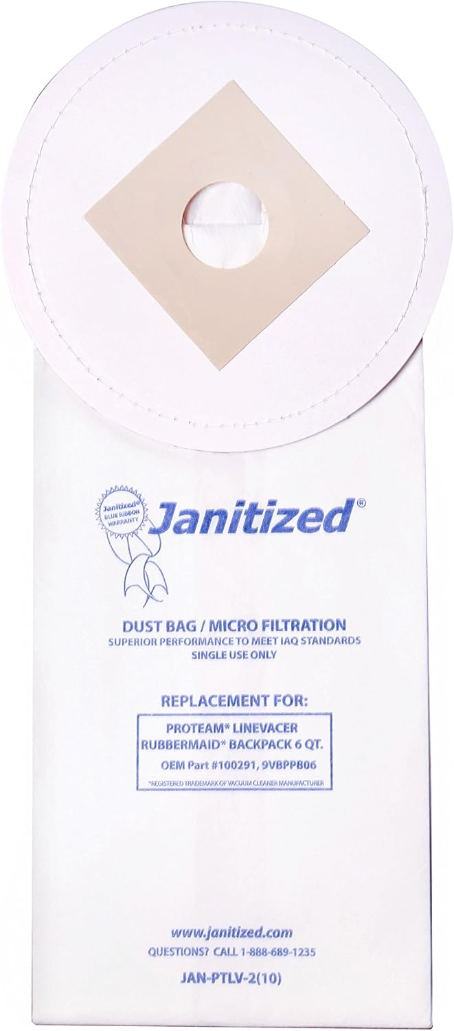 Janitized JAN-PTLV-2(10) Paper Premium Replacement Commercial Vacuum Bag for ProTeam LineVacer & Rubbermaid 9VBP06 Backpack 6Qt Vacuum Cleaners (10-10 Packs)