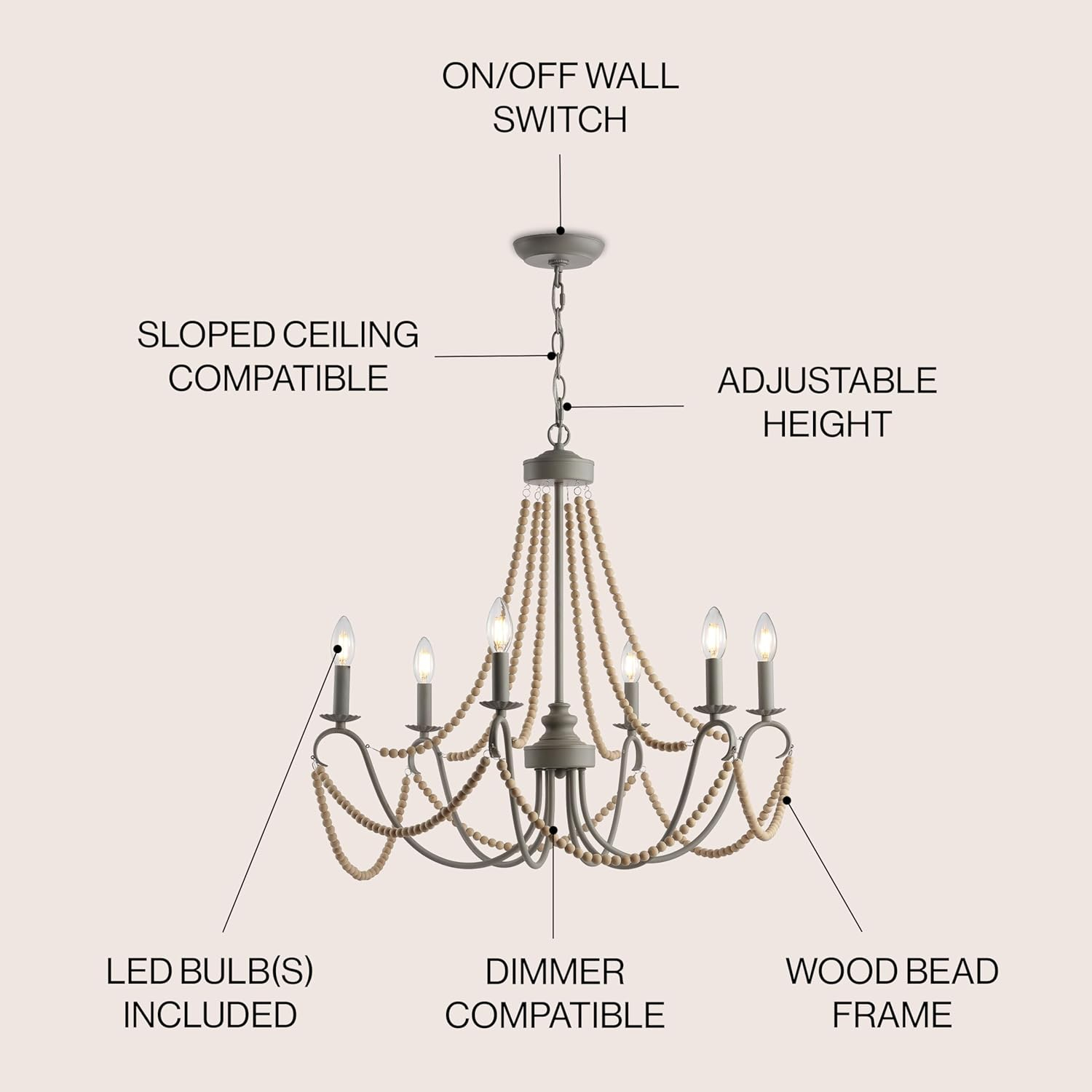 Rustica 6-Light 27" Adjustable Greige Metal/Wood Bead LED Chandelier, Grey/Natural