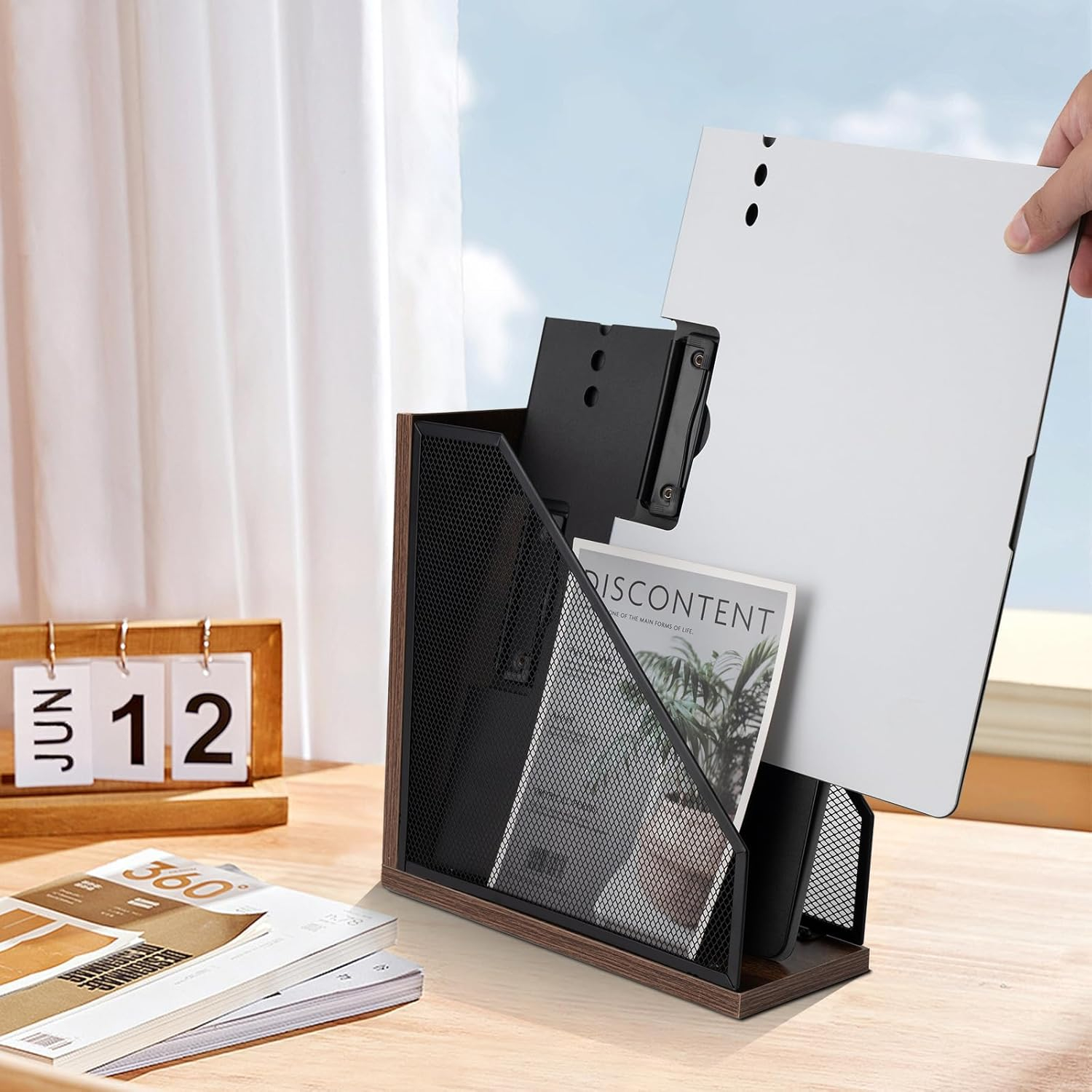 2 Set Magazine Holder Metal Wire, 2 Compartments Mesh File Holder for Desk, Office Desk Accessories Decorative File Box, Black