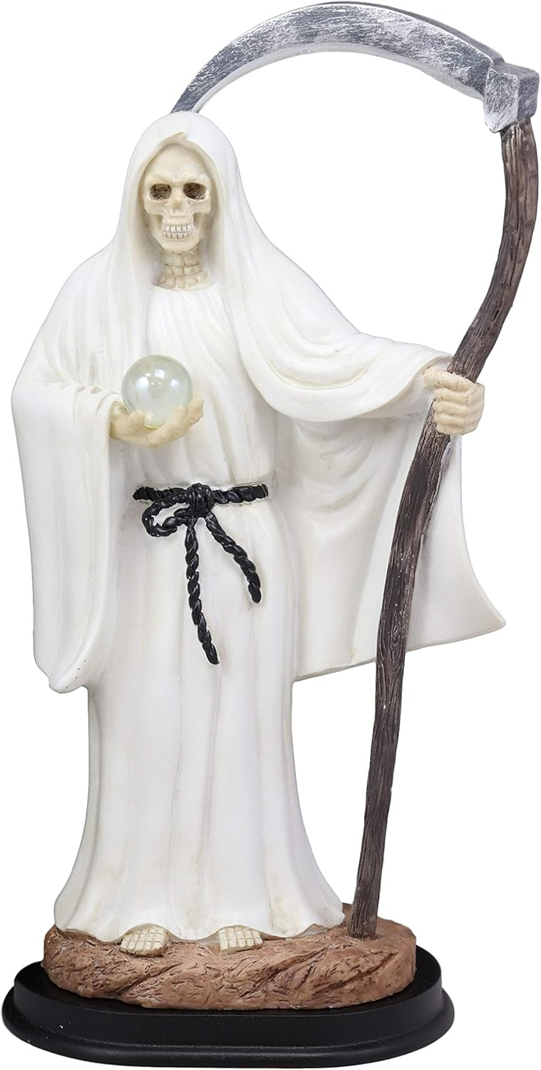 12.75" Tall Holy Death Santa Muerte Holding Scythe In White Tunic Robe Statue
