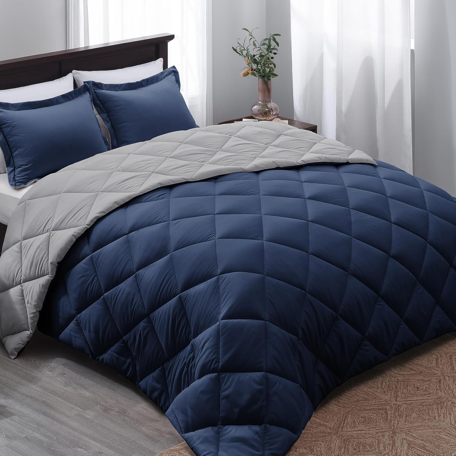Navy and Light Gray Reversible Queen Microfiber Comforter Set